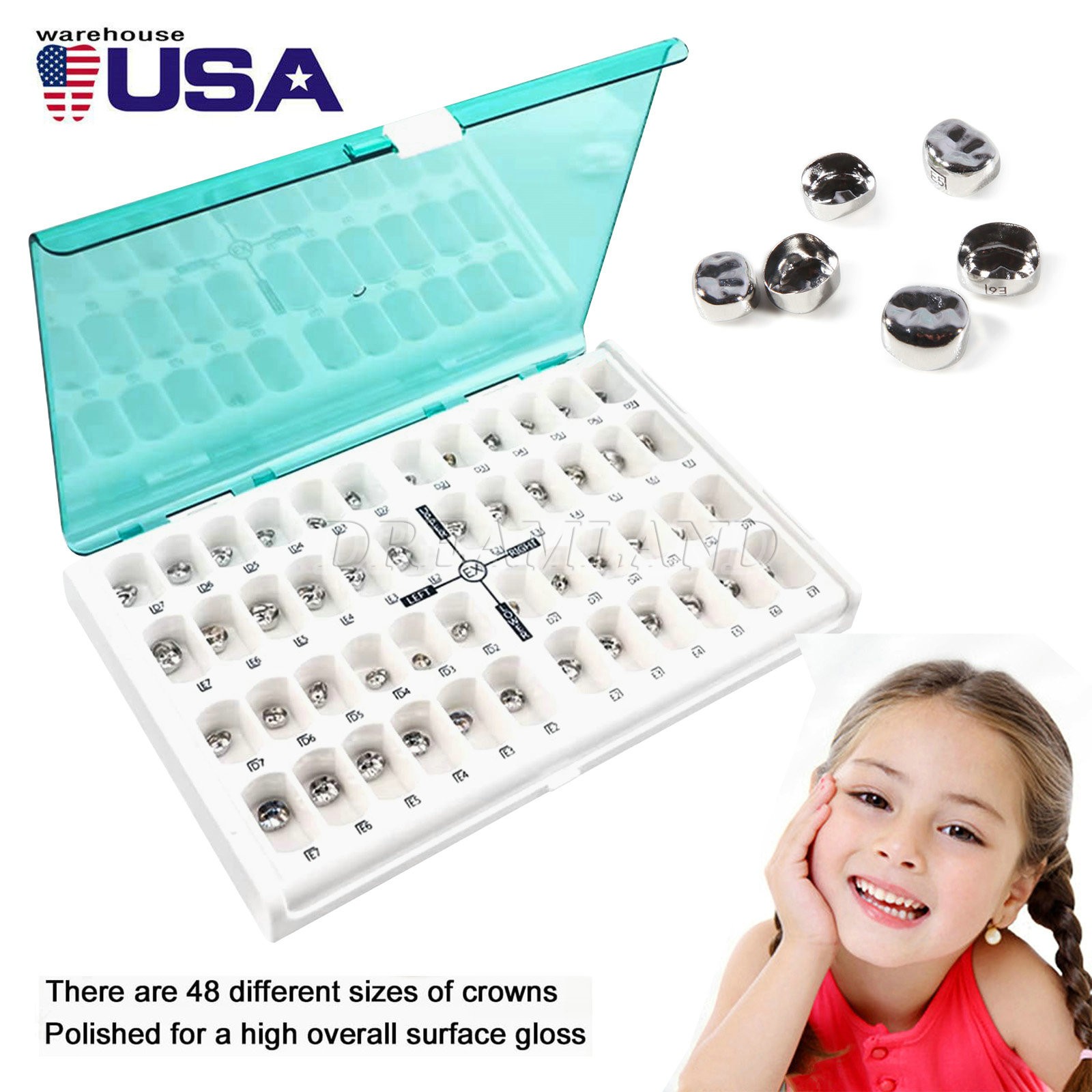 48 Size Dental Kids Primary Molar Crowns Stainless Steel Pediatric Crown USA