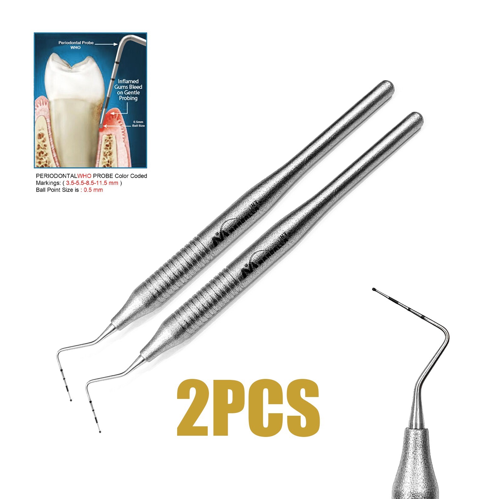 Dental Who Probe Color Coded Marking Tooth Depth Measuring Probes Ball Tip X2