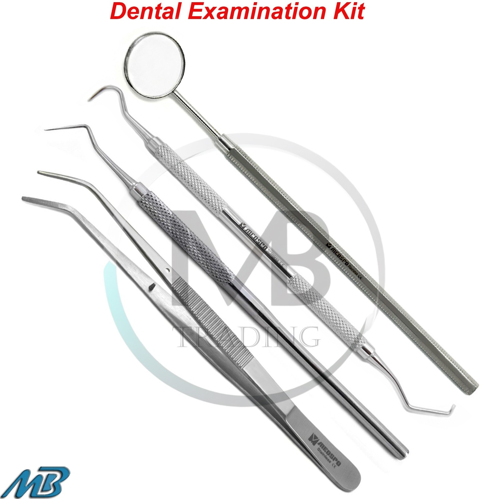 4 Pcs Dental Examination Kit Probe Explorer Mirror Handle London College Tweezer