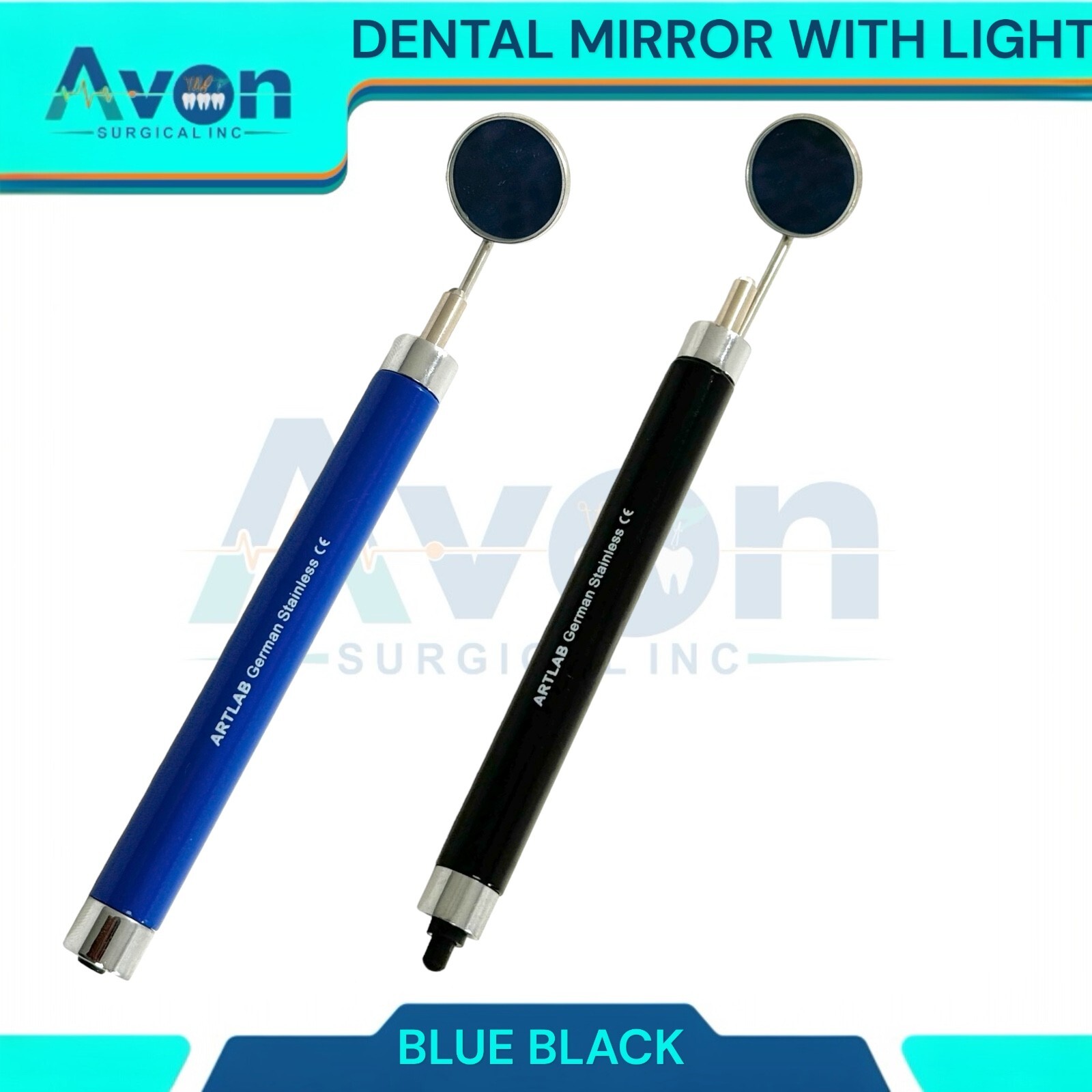 Set of 2 Examination Mouth Mirrors #4 + #5, Blue & Black Handle, LED Illuminated