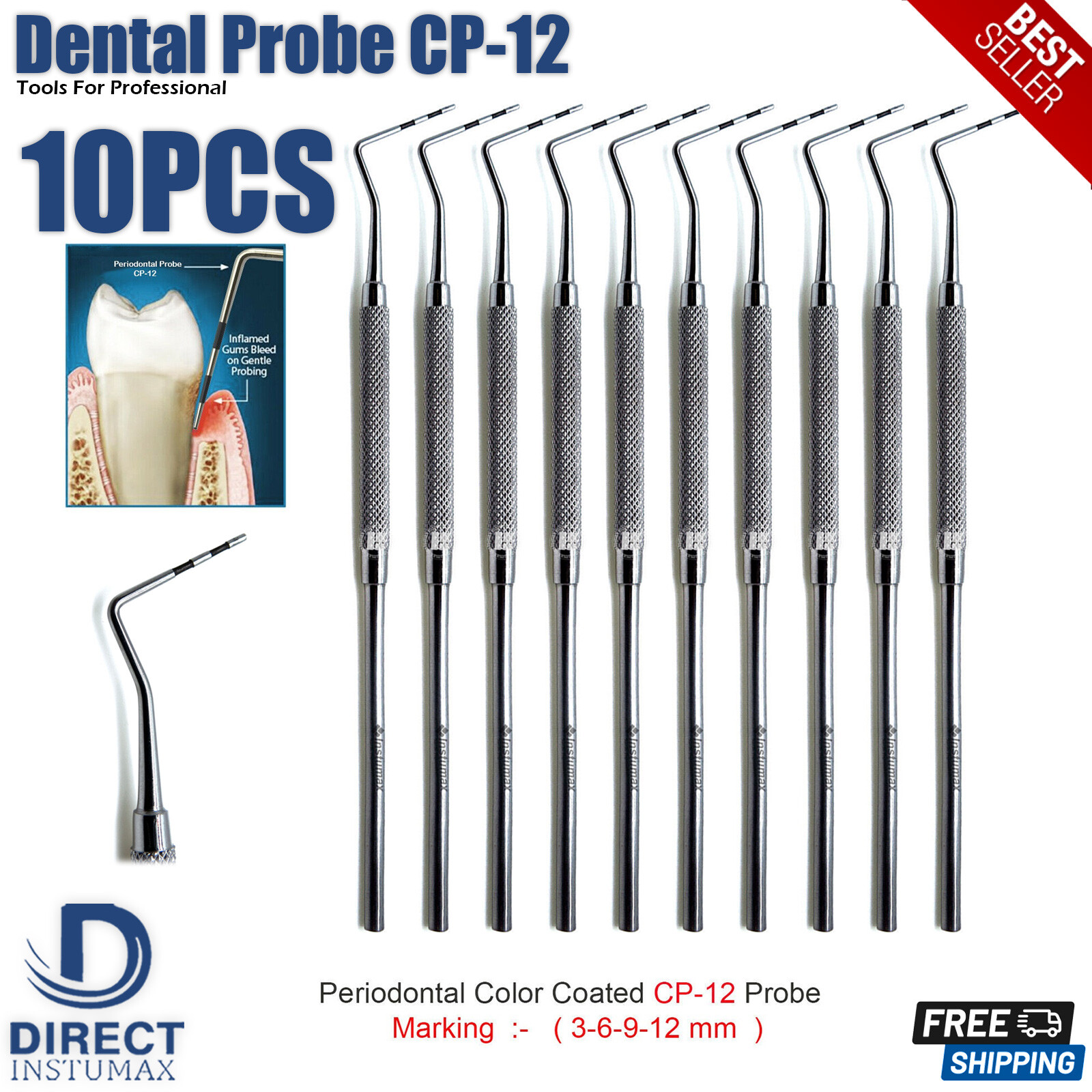 Periodontal CP-12 Probe Williams Color Coated Marking 3-6-9-12 Dental Probes