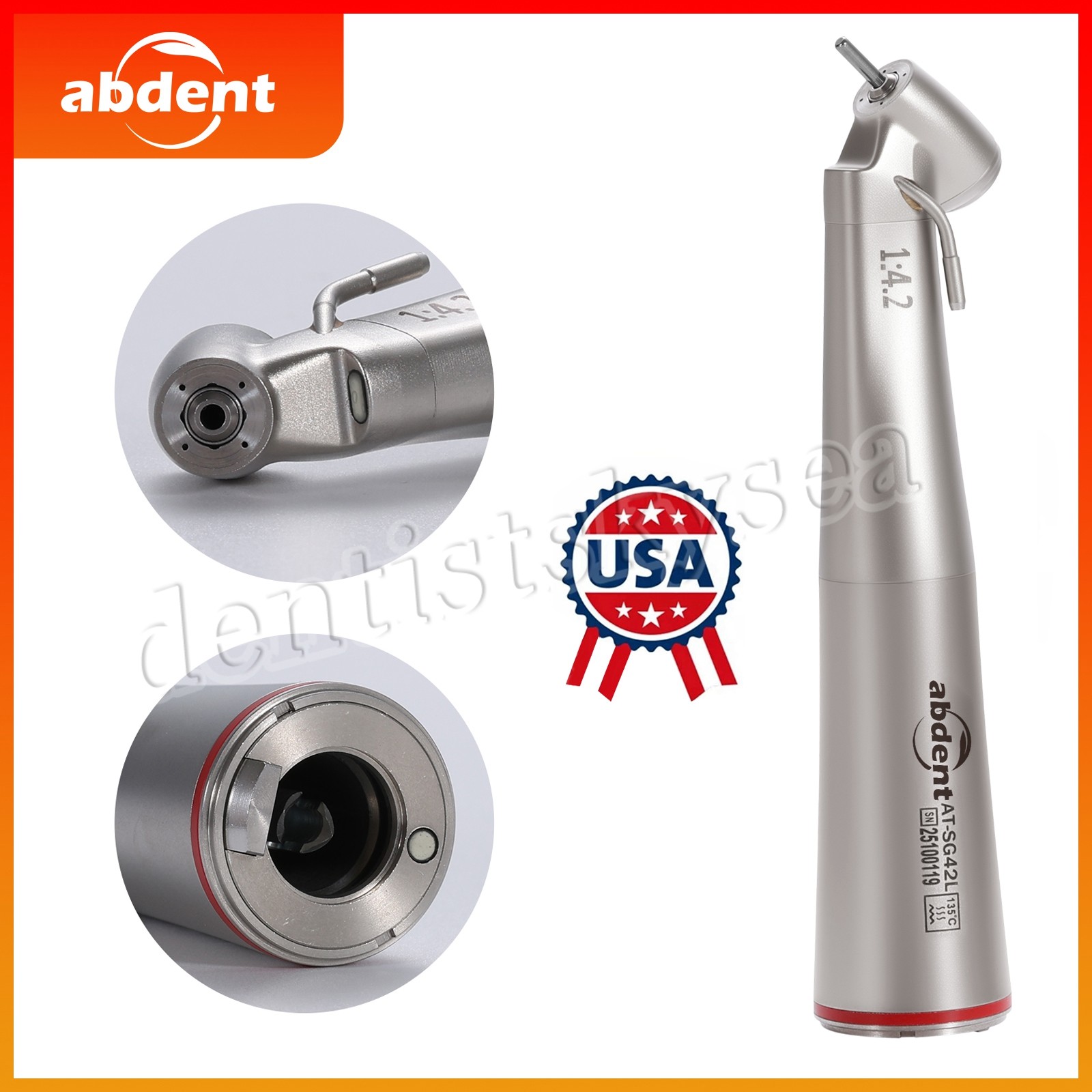 Abdent Dental 1:4.2 45 Degree Angle LED Fiber Optic Contra Angle External Water