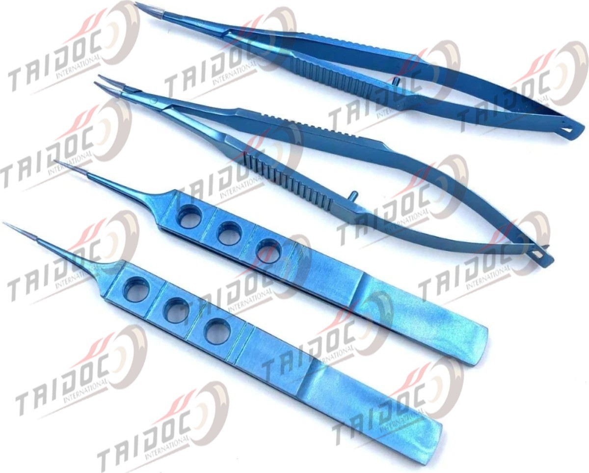 Kit of 4 Pcs Flat Handle Titanium Instruments Set Ophthalmic Instrument With Tra