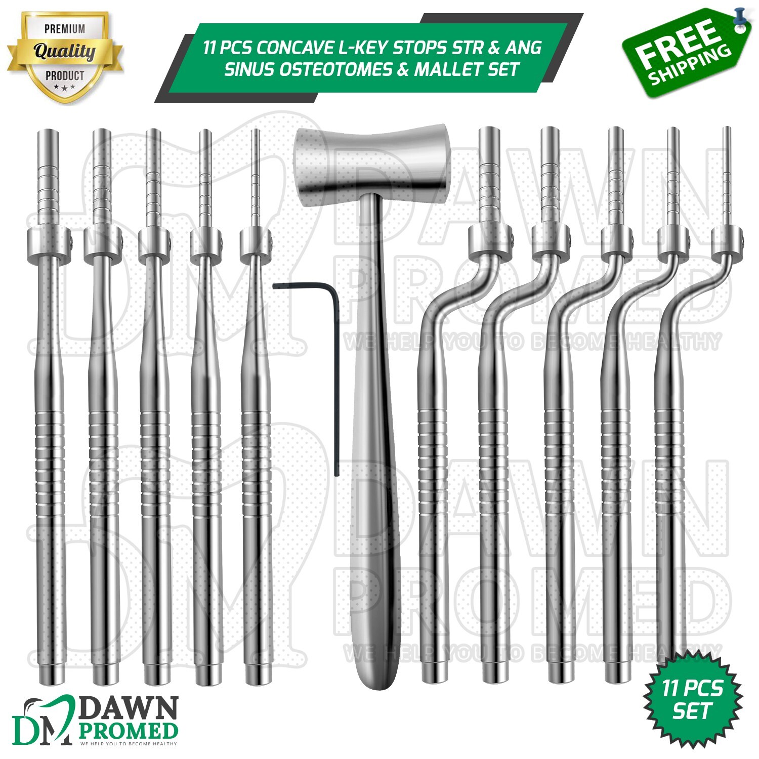 11 Pcs Concave L-Key Stops Str & Ang Sinus Osteotomes & Mallet Set German Grade