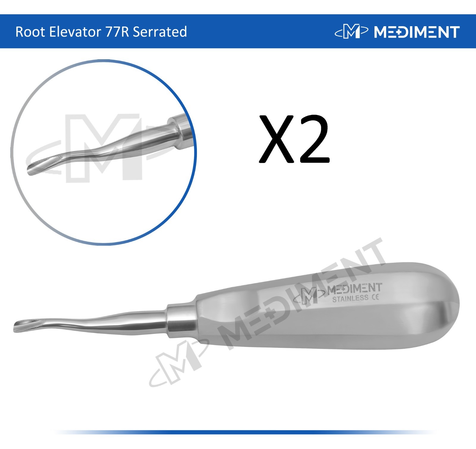 X2 German Root Elevator 77R Dental Instruments (Serrated) Light Handle Stainless