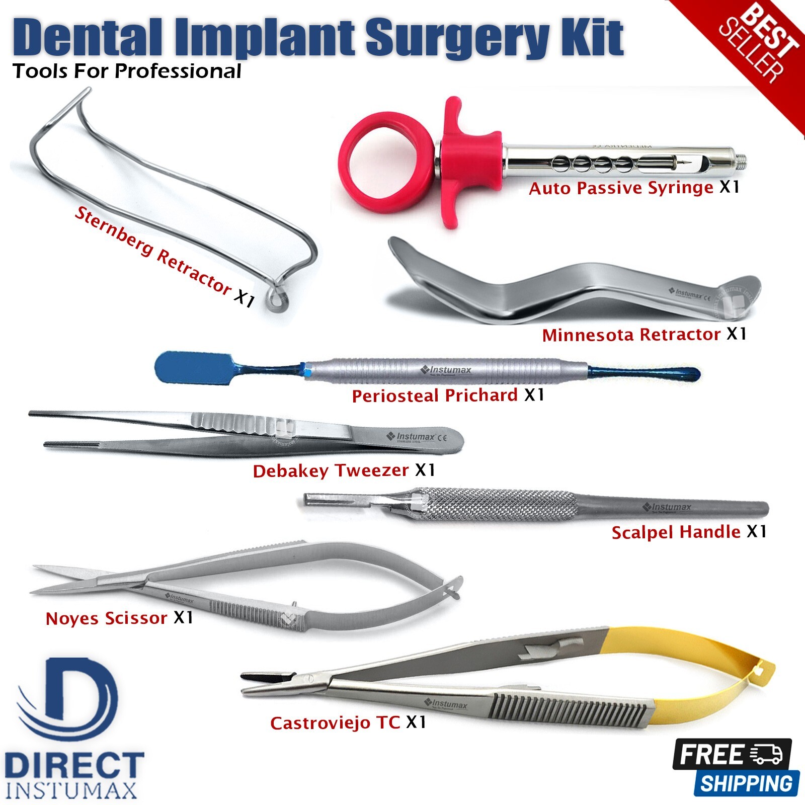 Set Of 8 Dental Implant Surgical Kit Auto Passive Syringe Micro Noyes Scissors