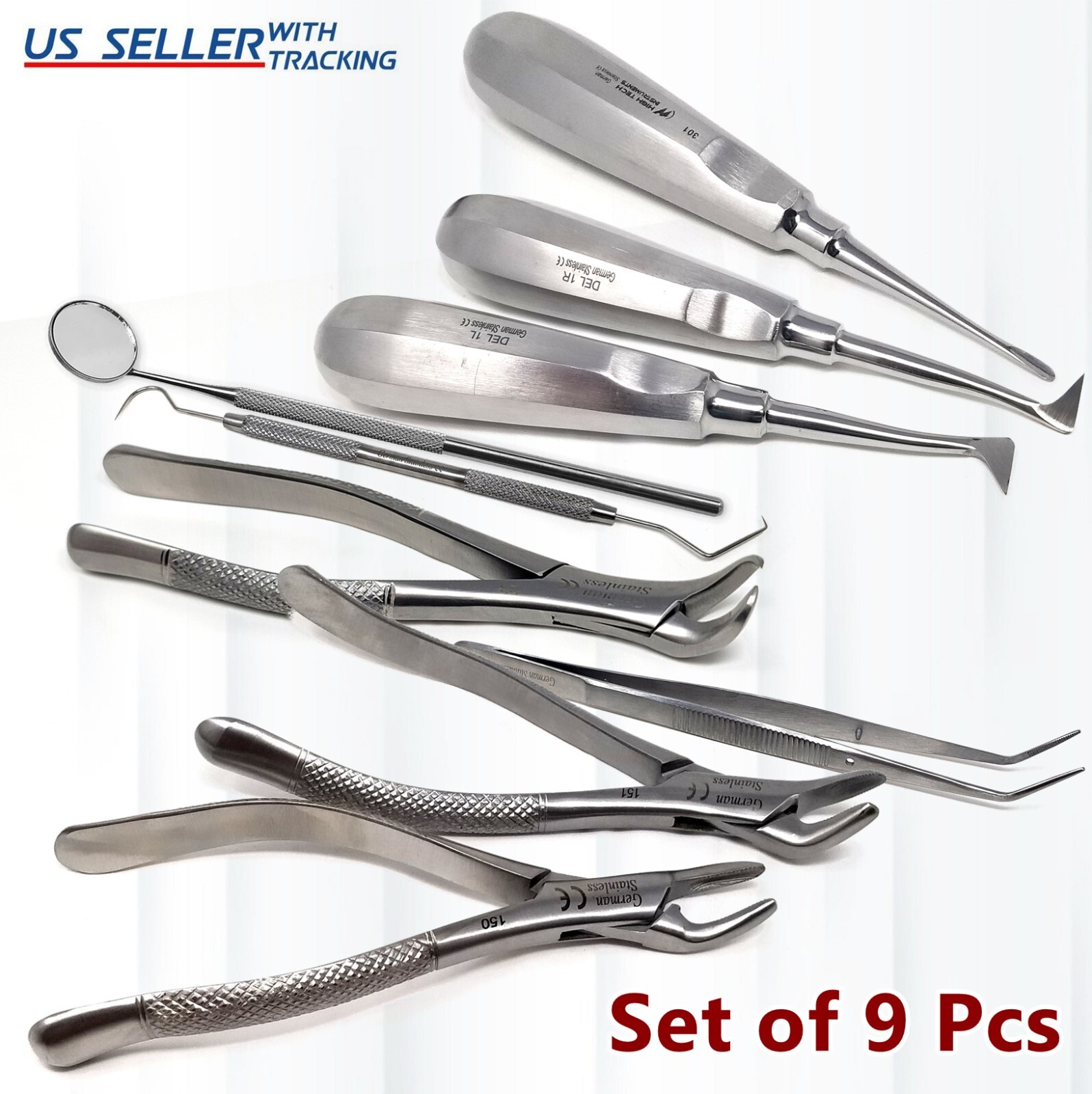 9 Pcs Basic Dental Surgery Extraction Forceps Elevators Set Kit German Stainless