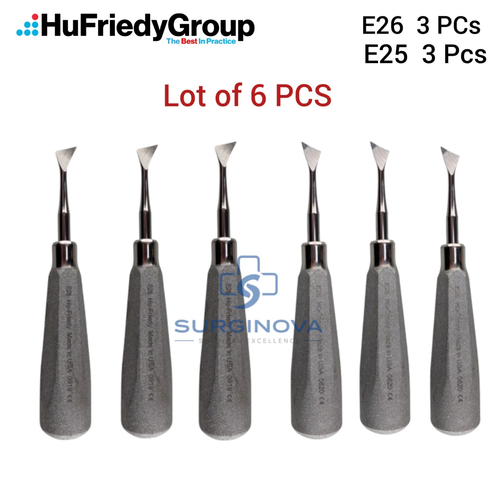 Hu-Friedy E25 E26 Medium Cryer Dental Elevator Set Of 6 Pcs Stainless Steel
