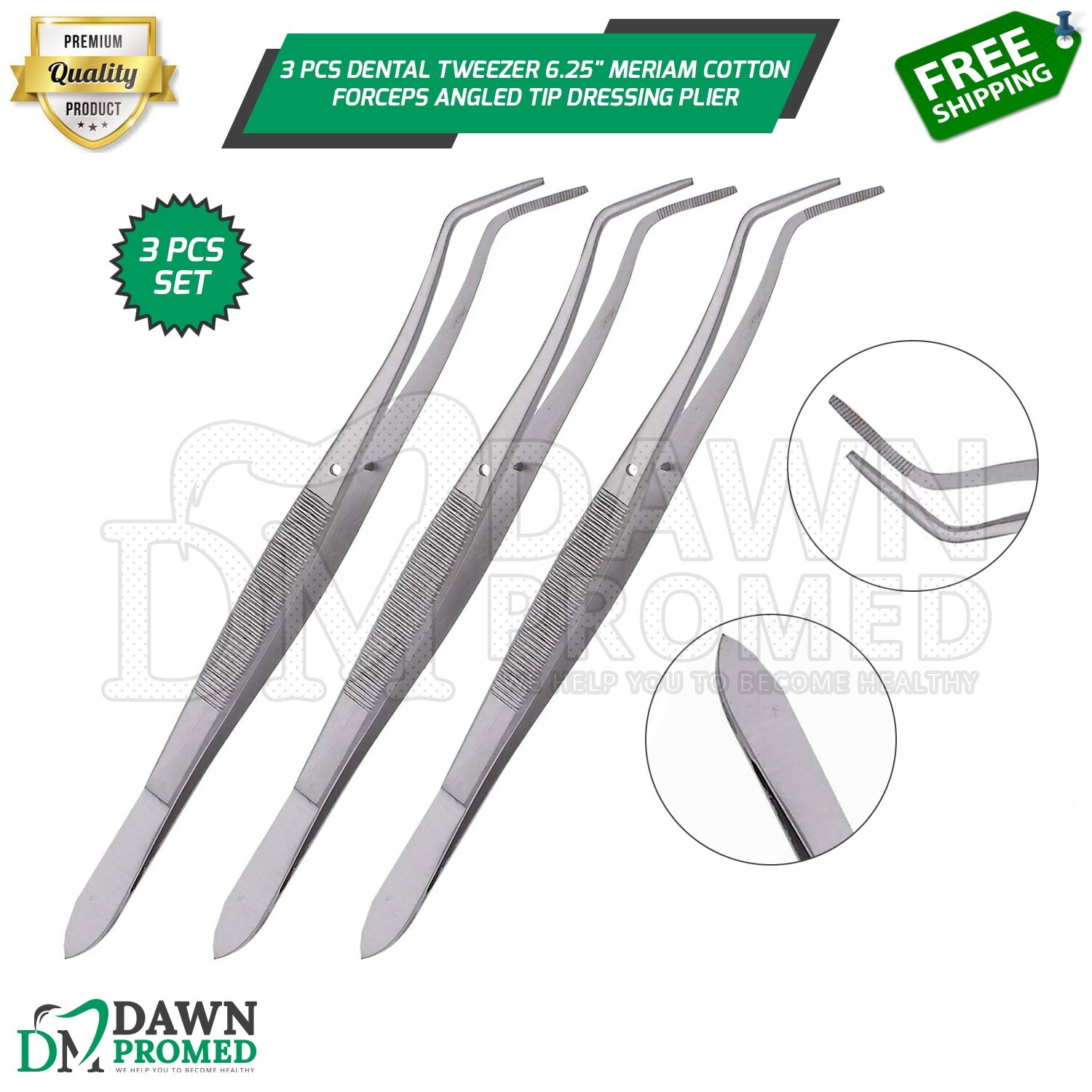 3 Pcs Dental Tweezer 6.25″ Meriam Cotton Forceps Angled Tip Dressing Plier