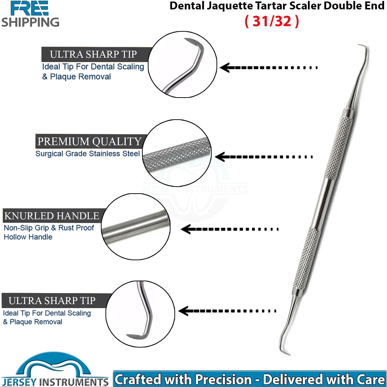 3pcs Jaquette Scaler 31/32 Dental Hygiene Instrument Stainless Steel Double End