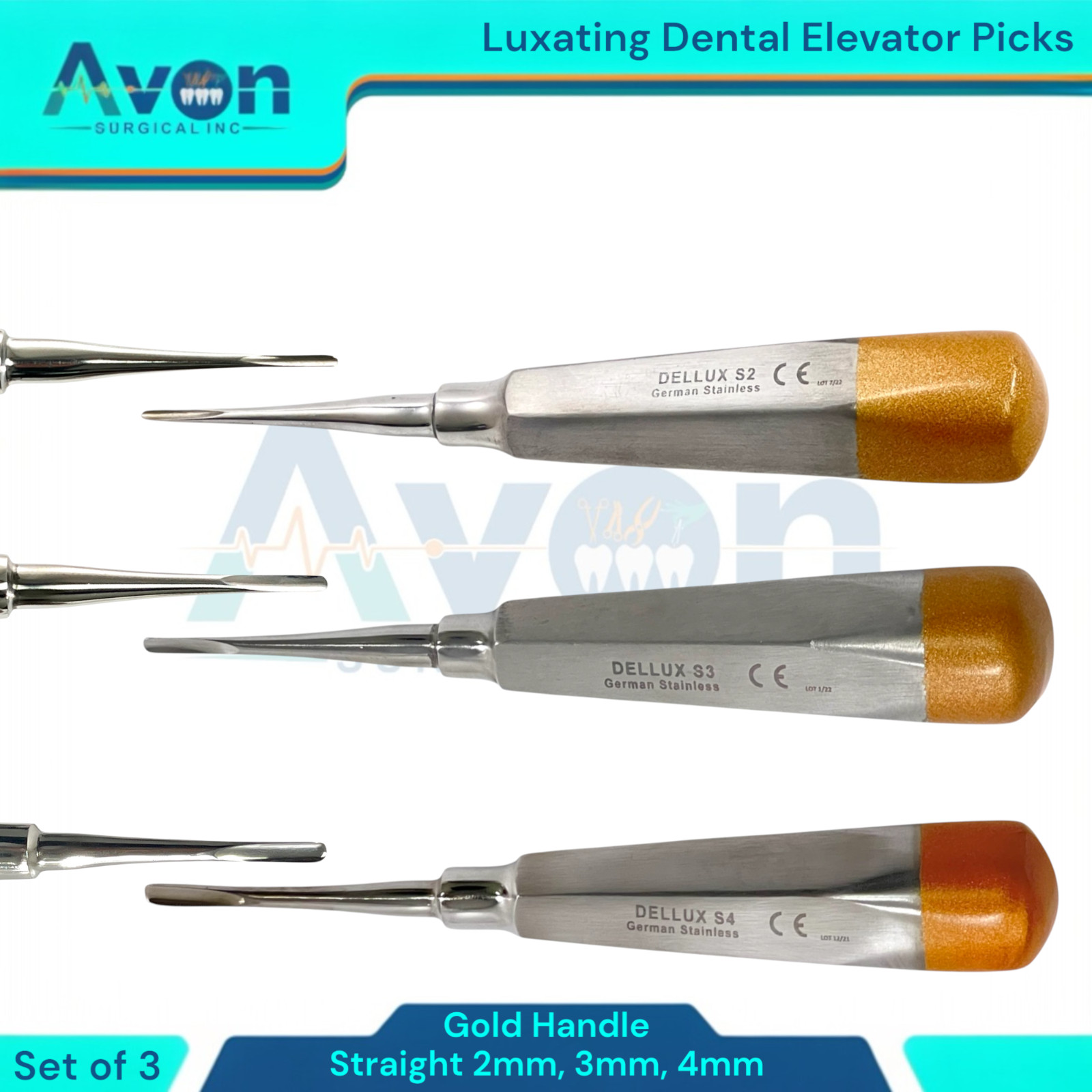 Set of 3pcs Dental Apical Root Tooth Elevator Picks, 2mm, 3mm, 4mm, Straight Tip