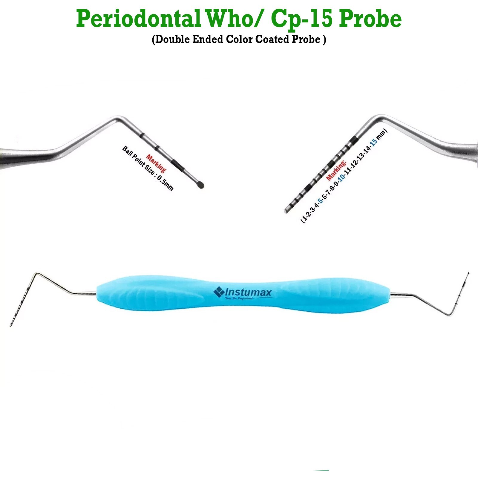WHO/CP15 Perio Dental Probe – Color-Coded Periodontal Probe with Silicon Handle