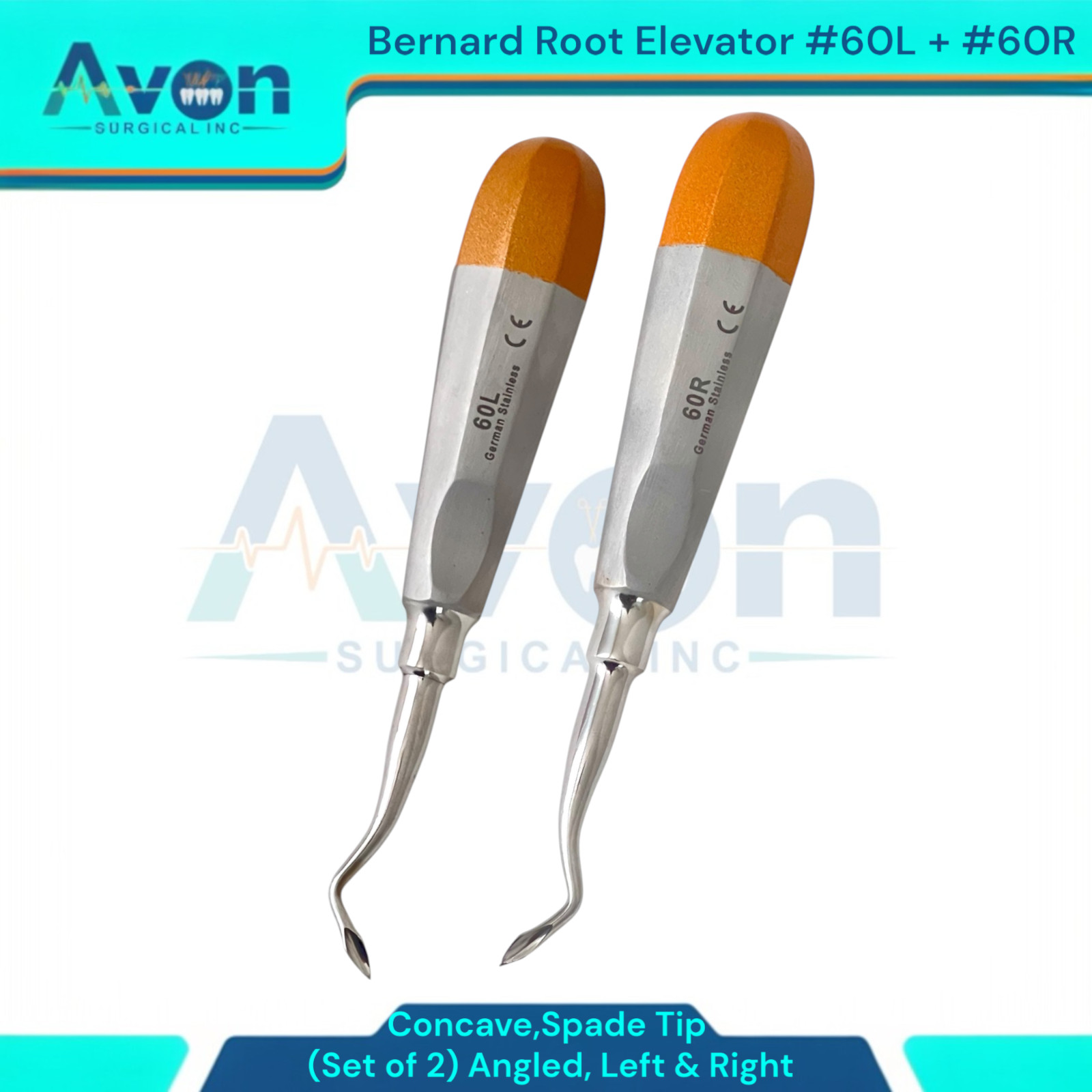 Left & Right Bernard Root Dental Elevator Picks, #60L+#60R, Gold Ends, 2PK
