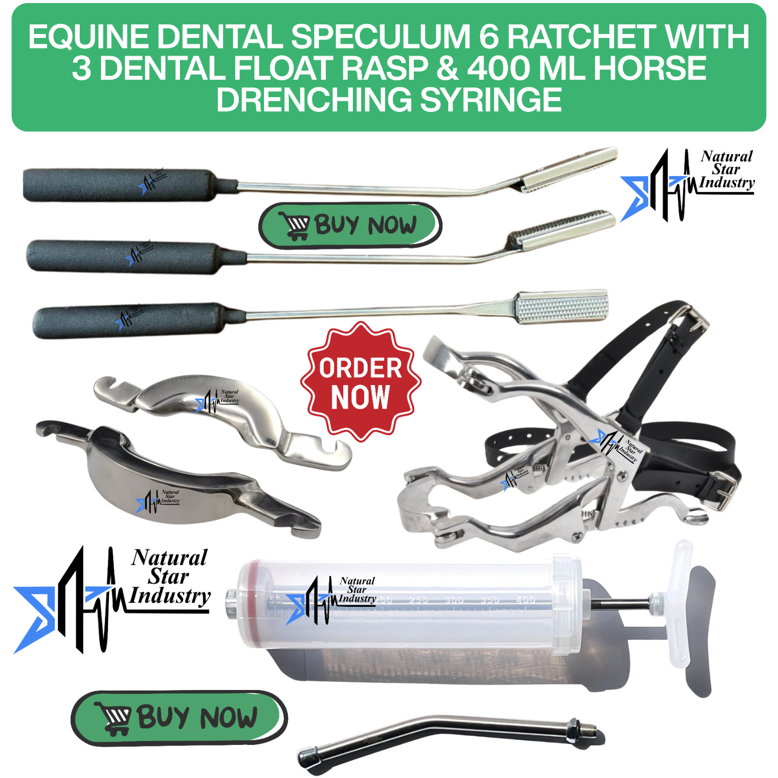 Equine Dental Speculum 6 Ratchet With Dental Float Rasp Horse Drenching Syringe