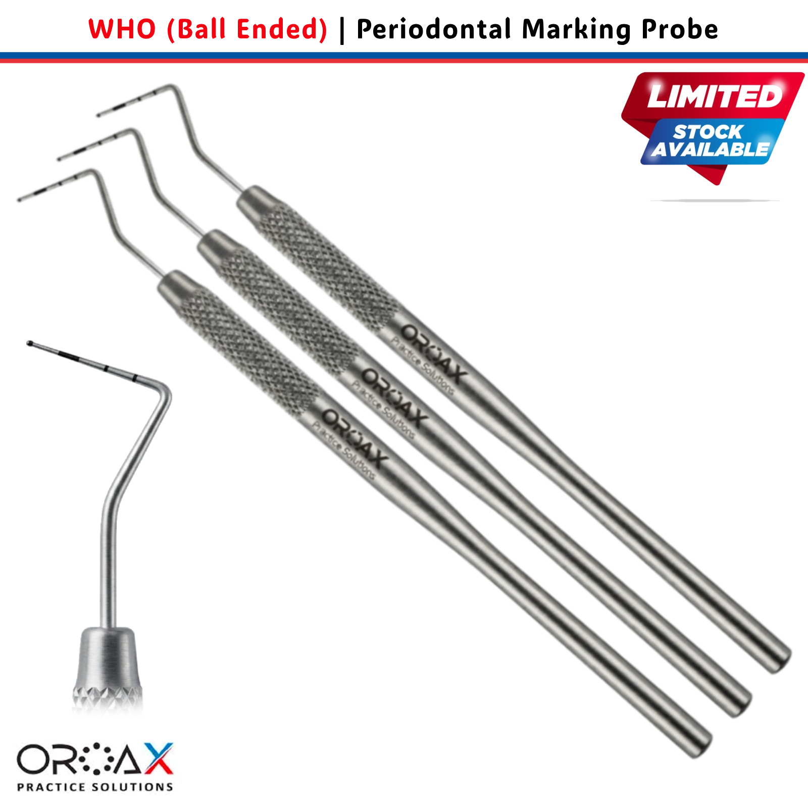 3 Pcs WHO Periodontal Probe 0.5mm Ball Tip OROAX CPITN Dental Pocket Depth
