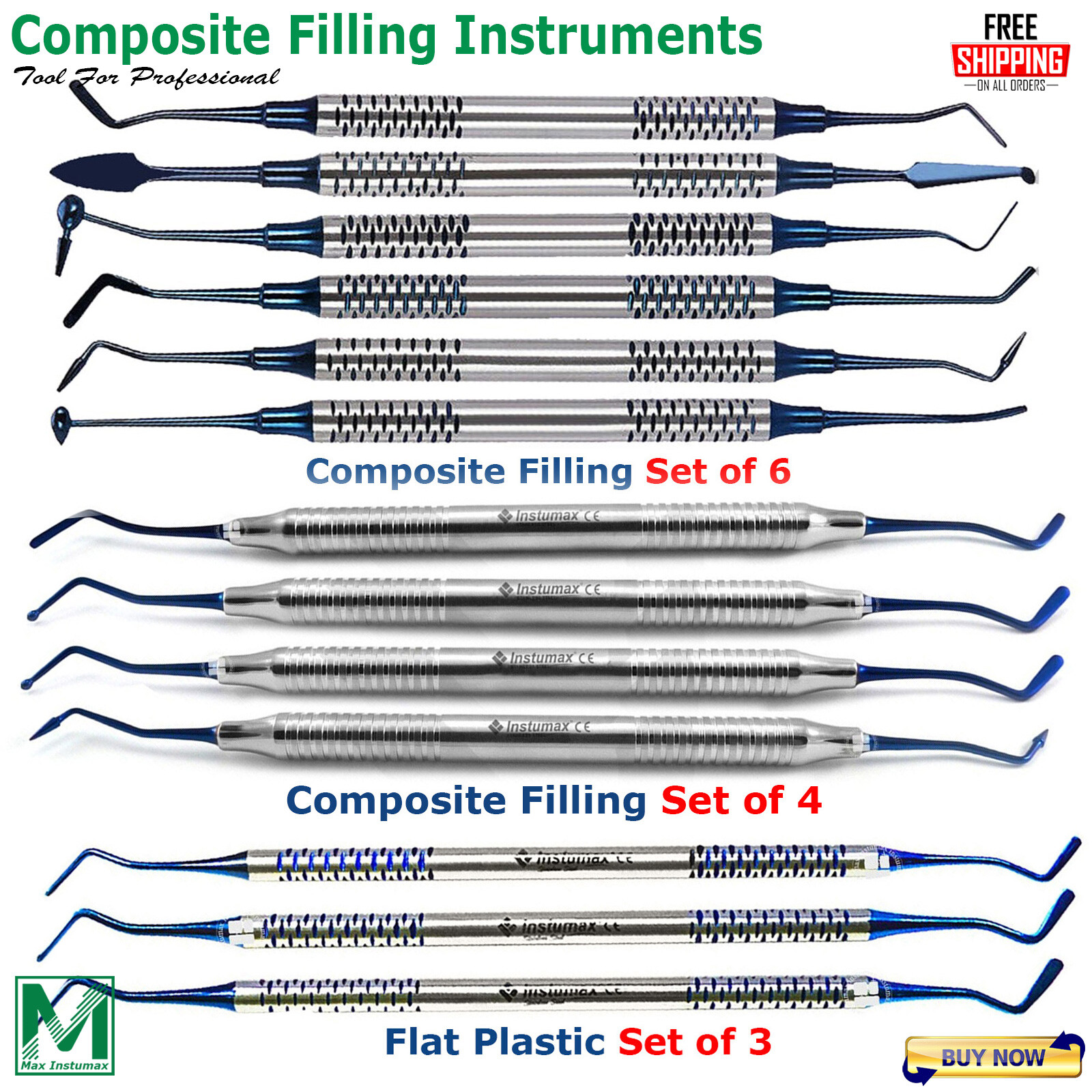 Dental Composite Filling Instruments Flat Plastic Titanium Blue Tips Set of 13PC