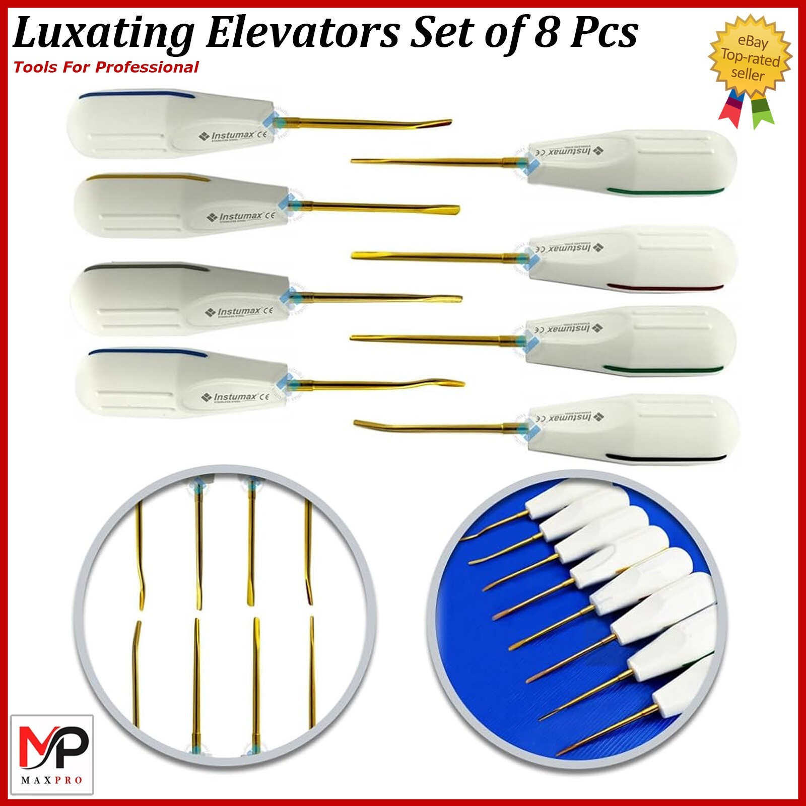 New Dental Root Luxating Elevators Luxation Set of 8 White Plastic Gold Tips