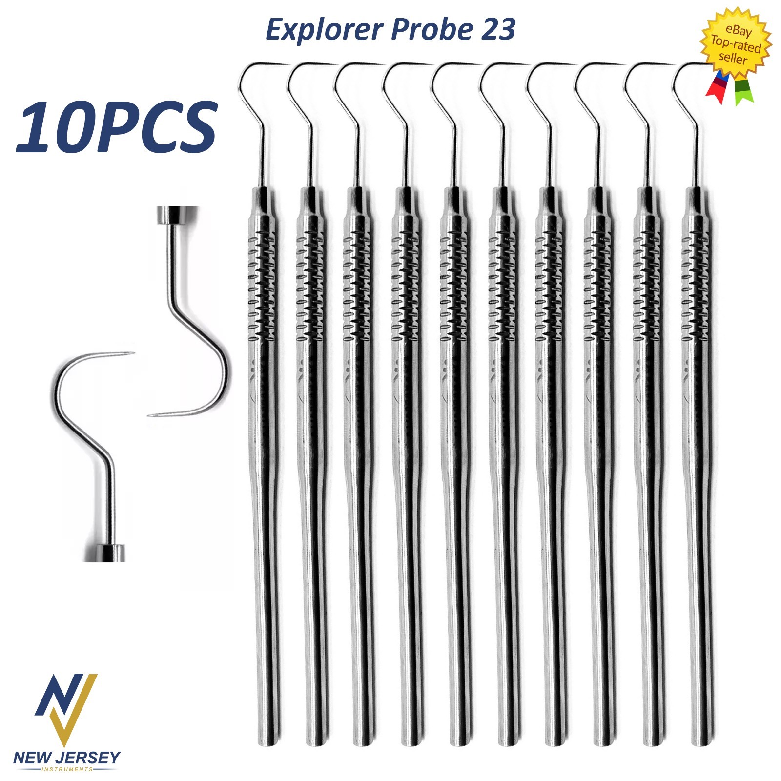10 Pcs Dental Explorer #23 Shepherd Hook Probe Single Ended Stainless Instrument