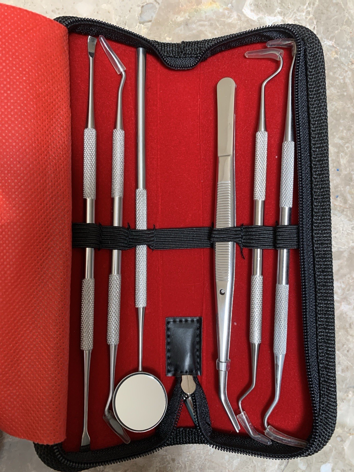 Dentist Stainless Steel Tool Set for Teeth Cleaning in Red Roll Case. Pre-Owned.