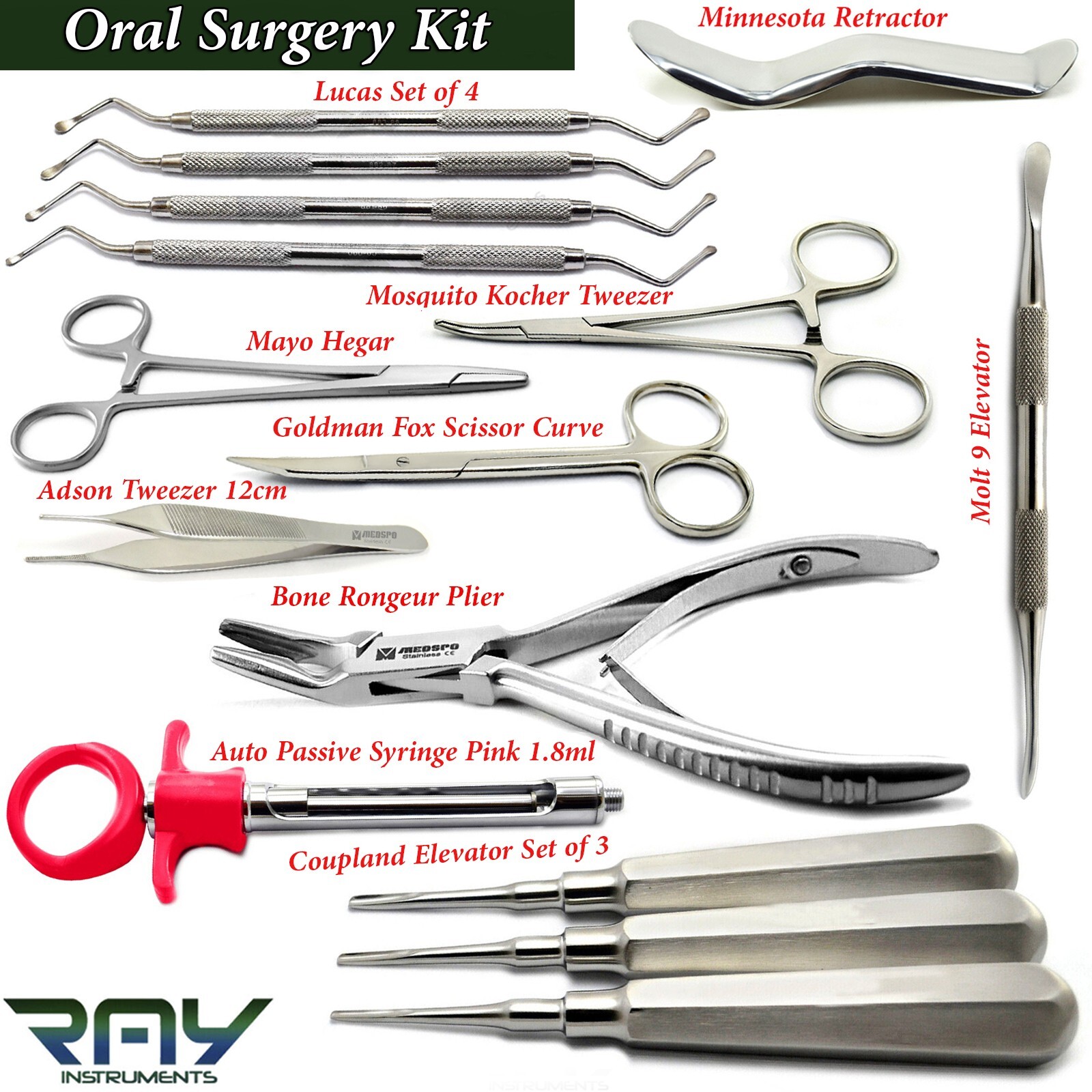 Dental Oral Surgery Kit Tooth Extracting Extraction Elevators Scissor Forceps