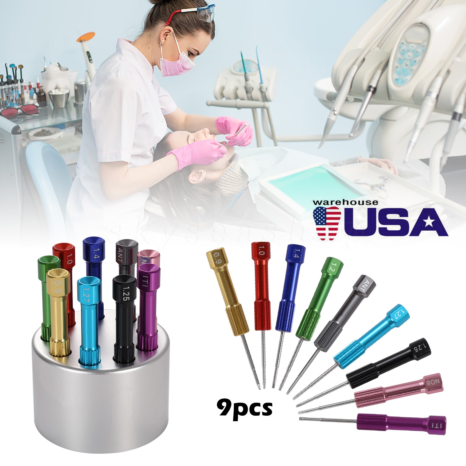 Dental Implant Screw Driver Kit Lab AST 3i NOB Implant Tools 9 PCs Set & Holder
