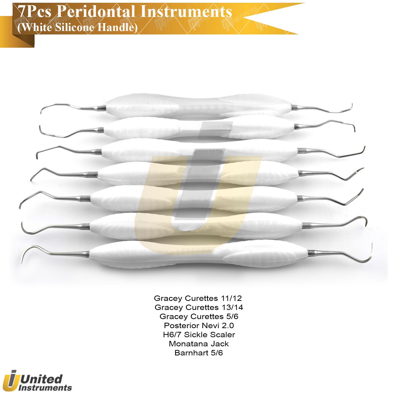 7Pcs Universal Curettes Prophylaxis Set Gracey Hygienist Scaler White Handles