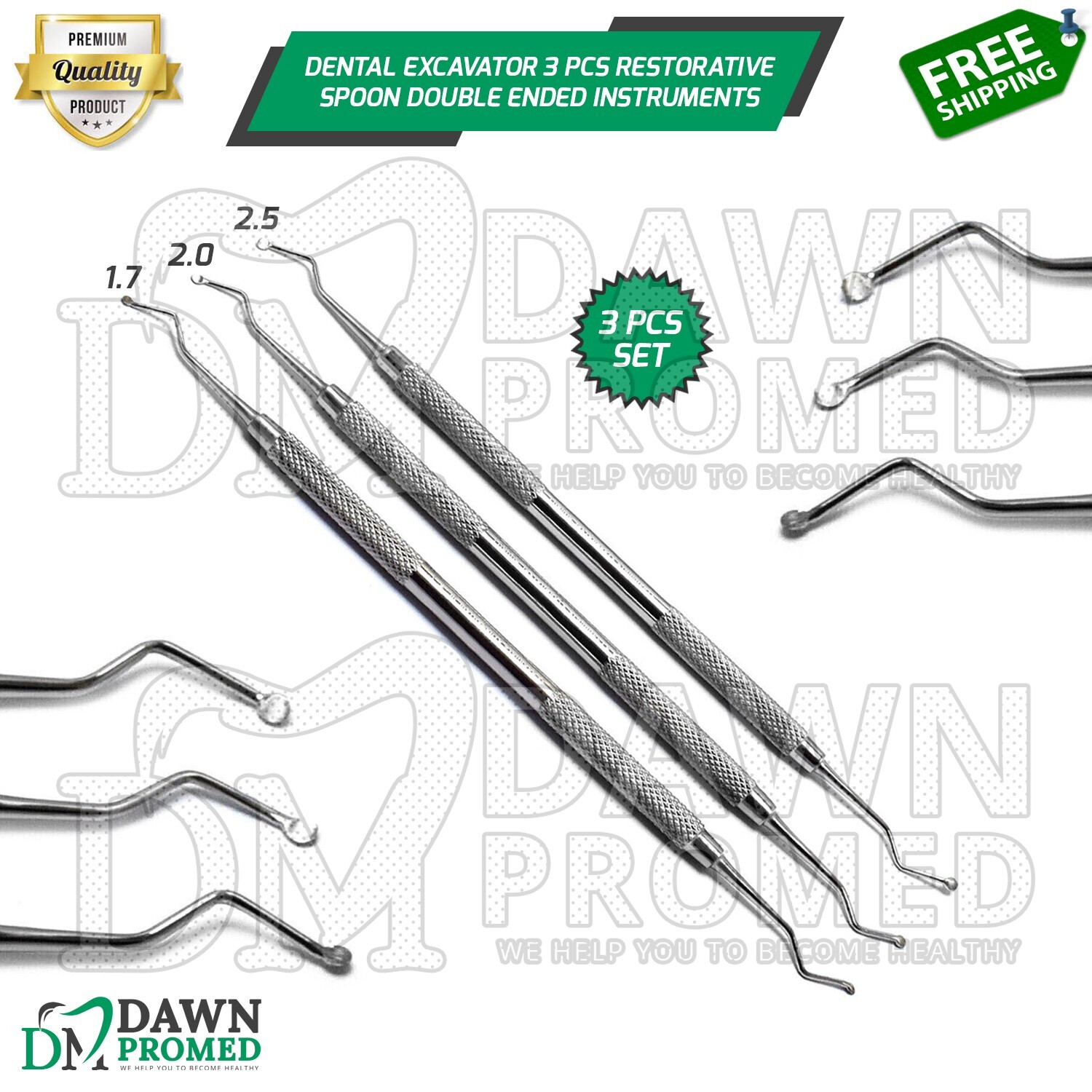 Dental Excavator 3 Pcs Set Restorative Spoon Double End German Grade Instruments