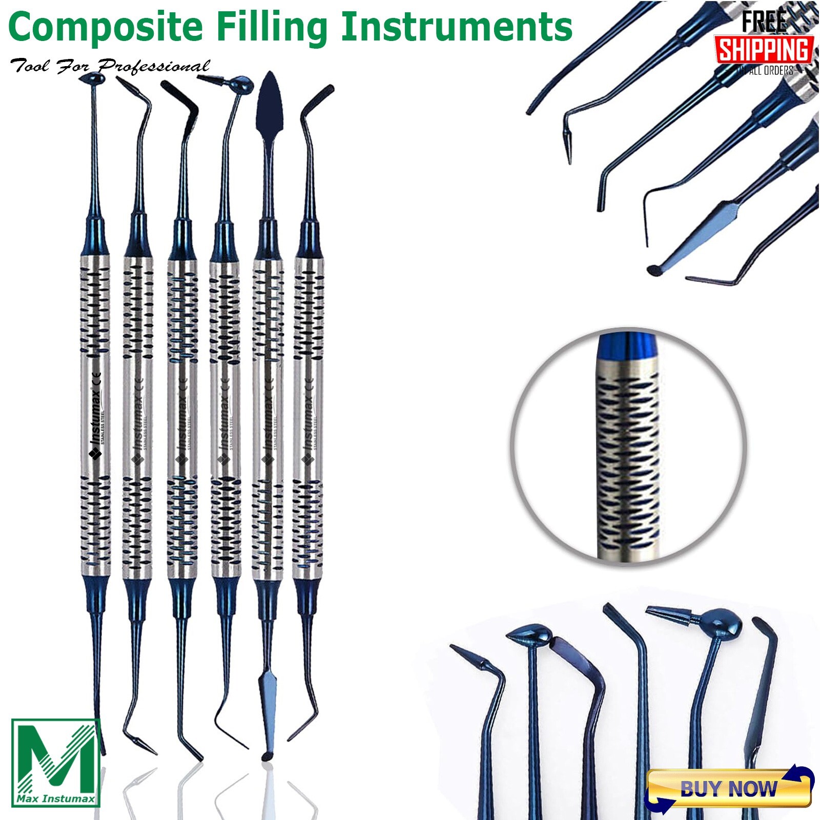 6 Pcs Dental Composite Filling Instrument Blue Titanium Coated Restorative Kit
