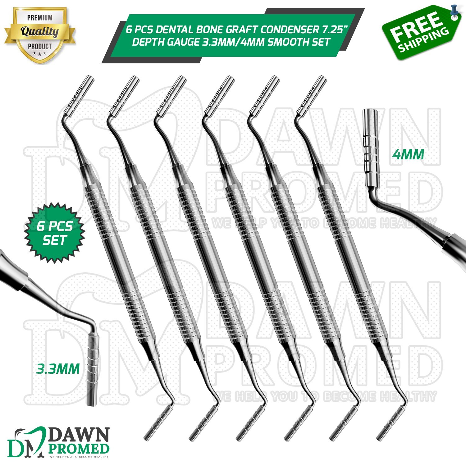 6 Pcs Dental Bone Graft Condenser Plugger 7.25″ Depth Gauge 3.3MM/4MM Smooth Set