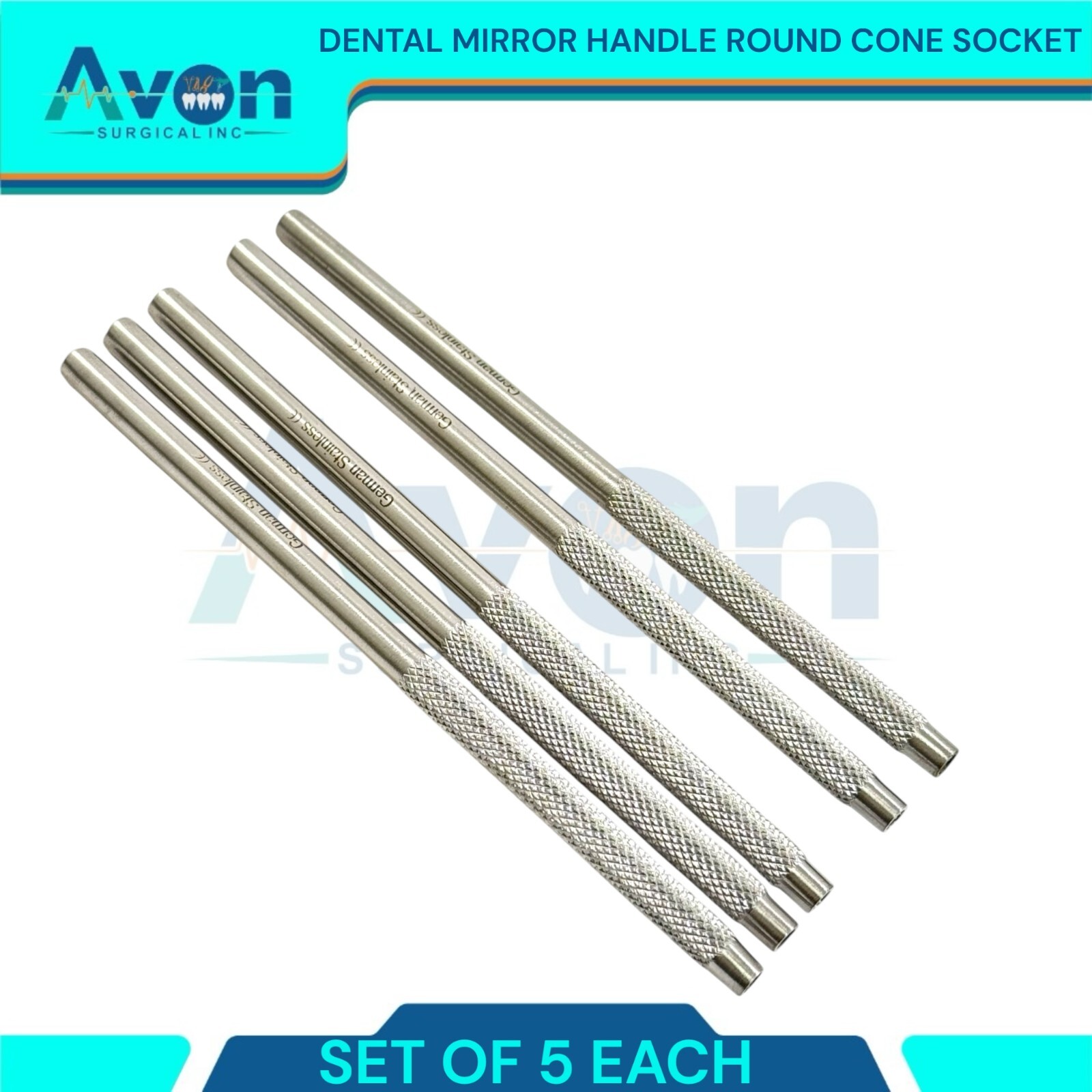 5pc Lot – Knurled Grip Cone Socket Dental Mirror Handles -German Stainless Steel