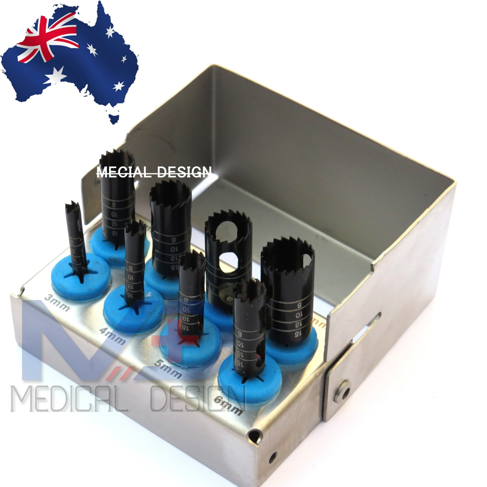 Dental Implant Long Trephine Drills Kit 8 Pcs Black Titanium Coated & Bur Holder