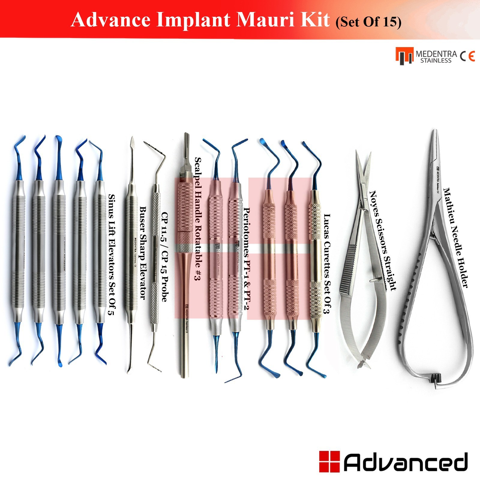 15 Pcs Implant Mauri Kit Periotomes Buser Elevator Lucas Curette CP 15 Probe