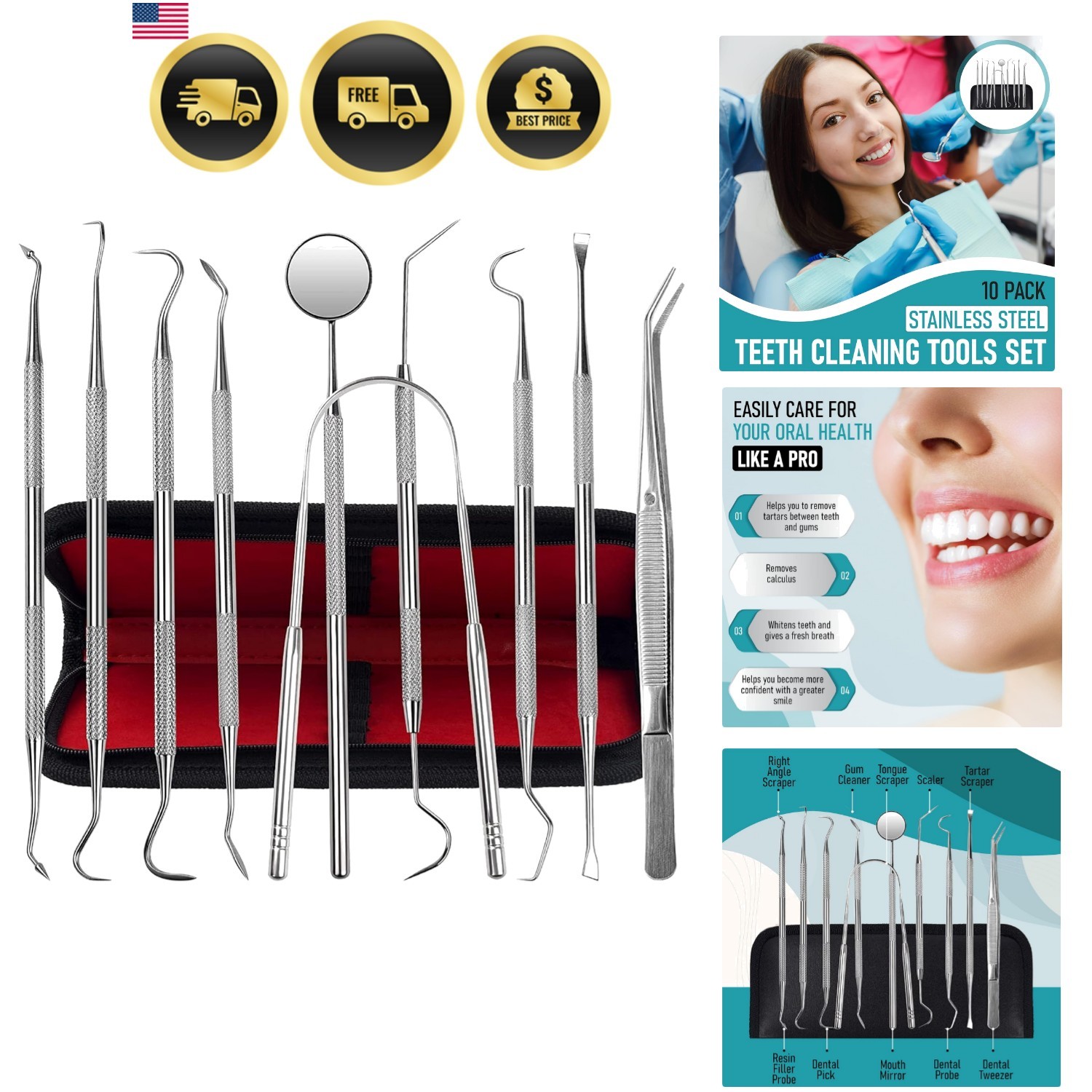 Dental Kit Tools 10 Pack Stainless Steel Plaque Remover Tartar Cleaner Oral Care