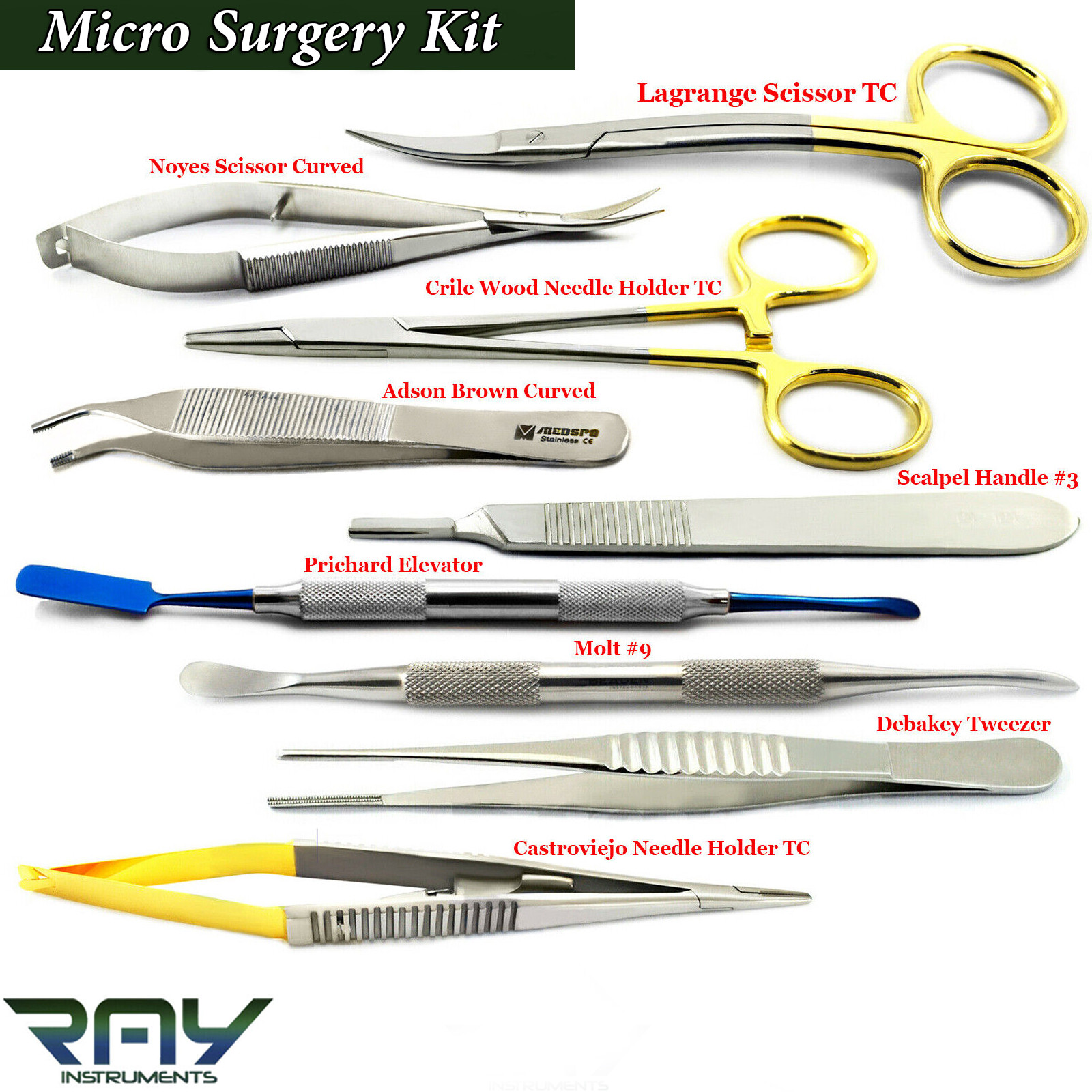 Dental Micro Surgery Instruments Kit Castroviejo Needle Holder Scissors Elevator