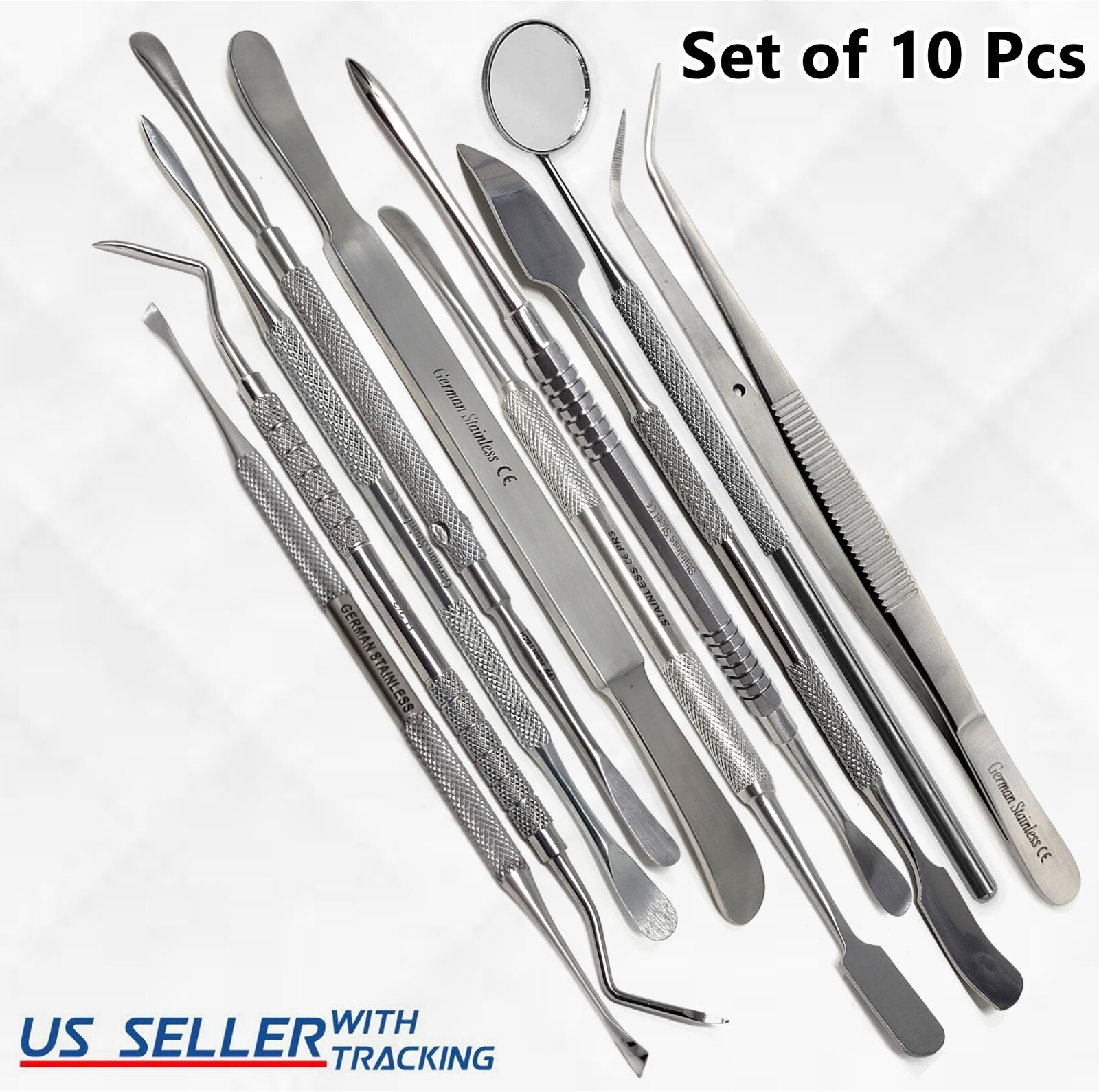 10x PERIOSTEAL DENTAL ELEVATOR SET WITH TWEEZER MIRROR SURGICAL INSTRUMENTS
