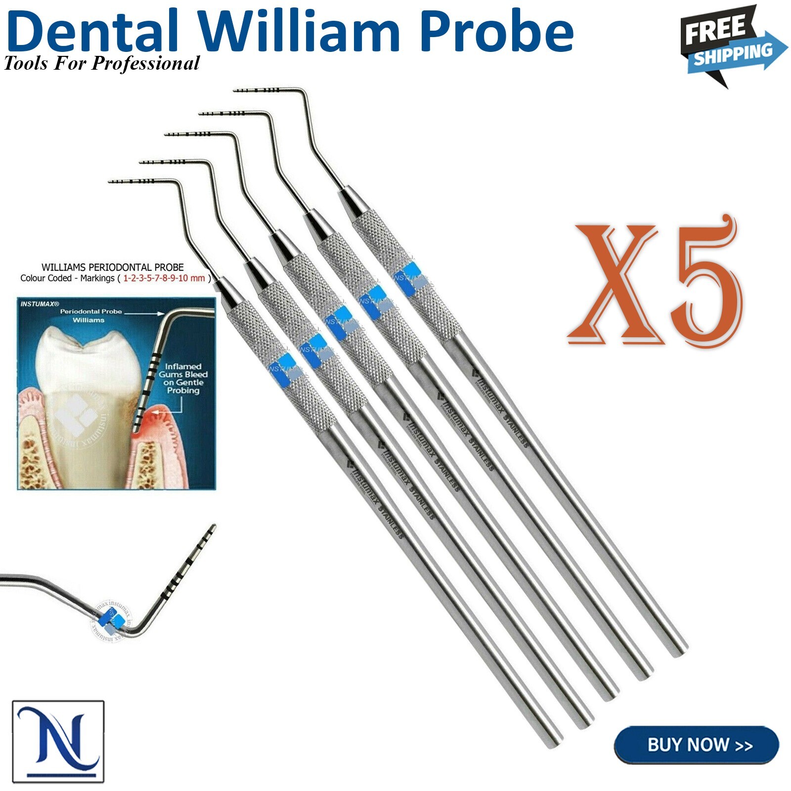 Set of 5 Perio Probes William Dental Periodontal Probes Color Coaded Instruments