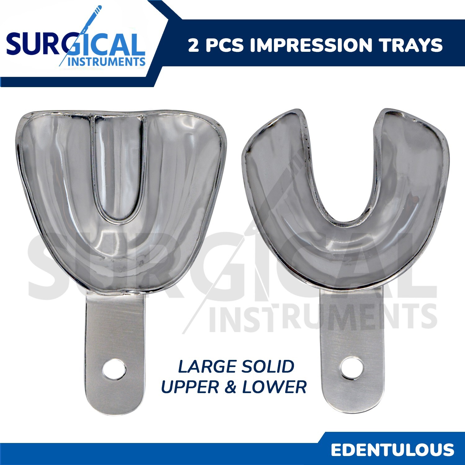 2 Pcs Metal Dental Impression Trays set Large Solid Upper & Lower Edentulous