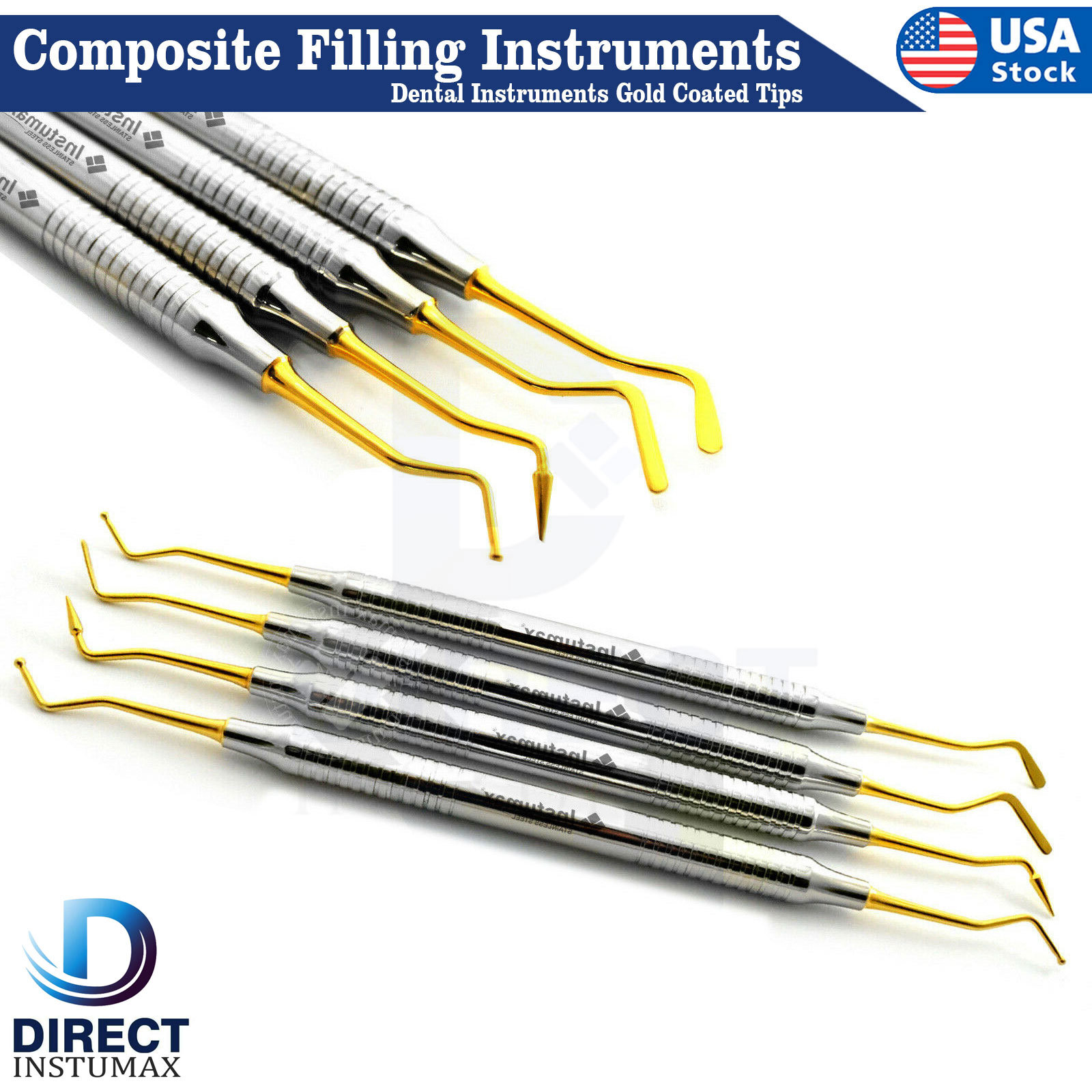 Dental Composite Filling Instruments Spatula & Plugger Titanium Gold Tips 4Pcs