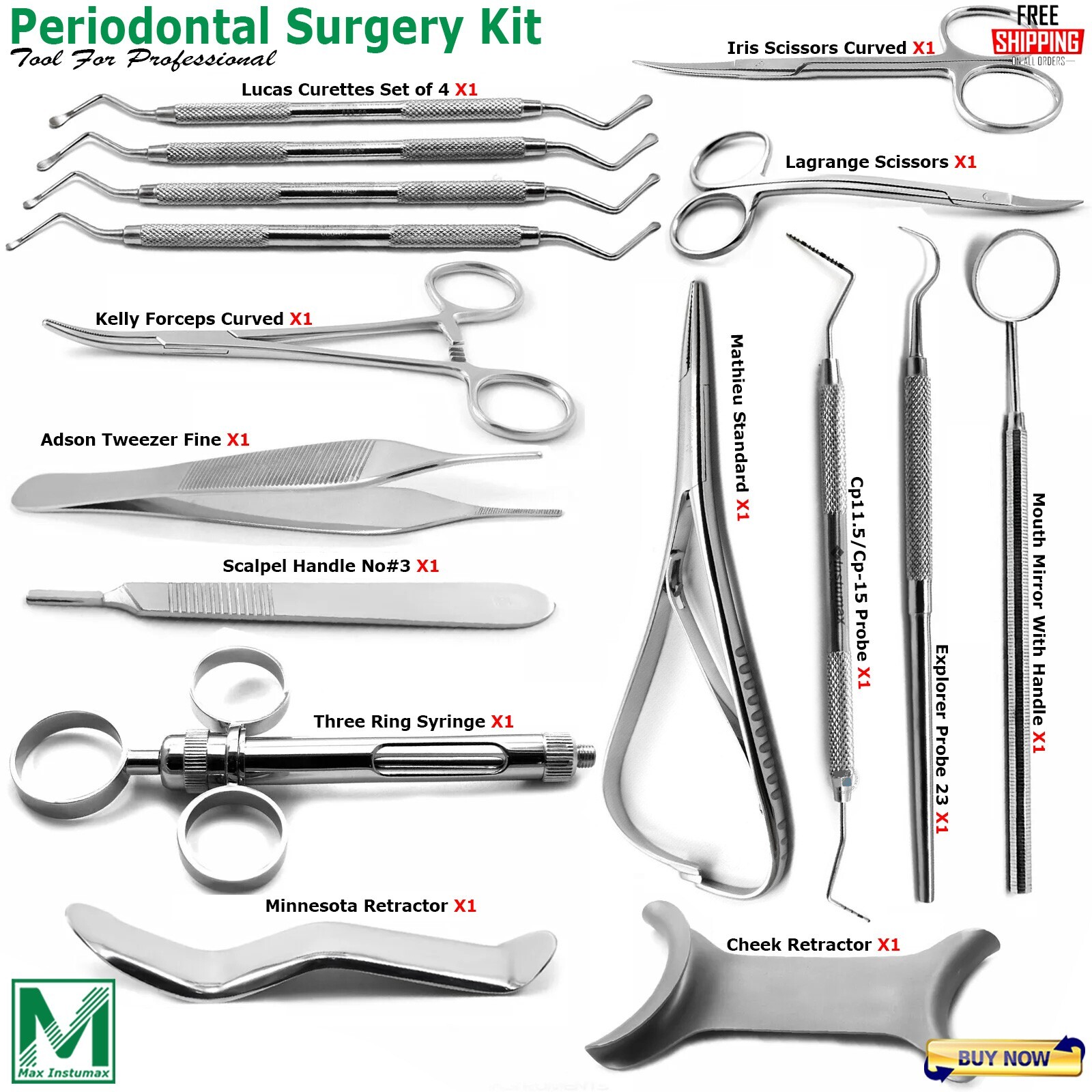 Periodontal Surgery Kit Lucas Curette Scissors Forceps Tweezer Retractors Probes