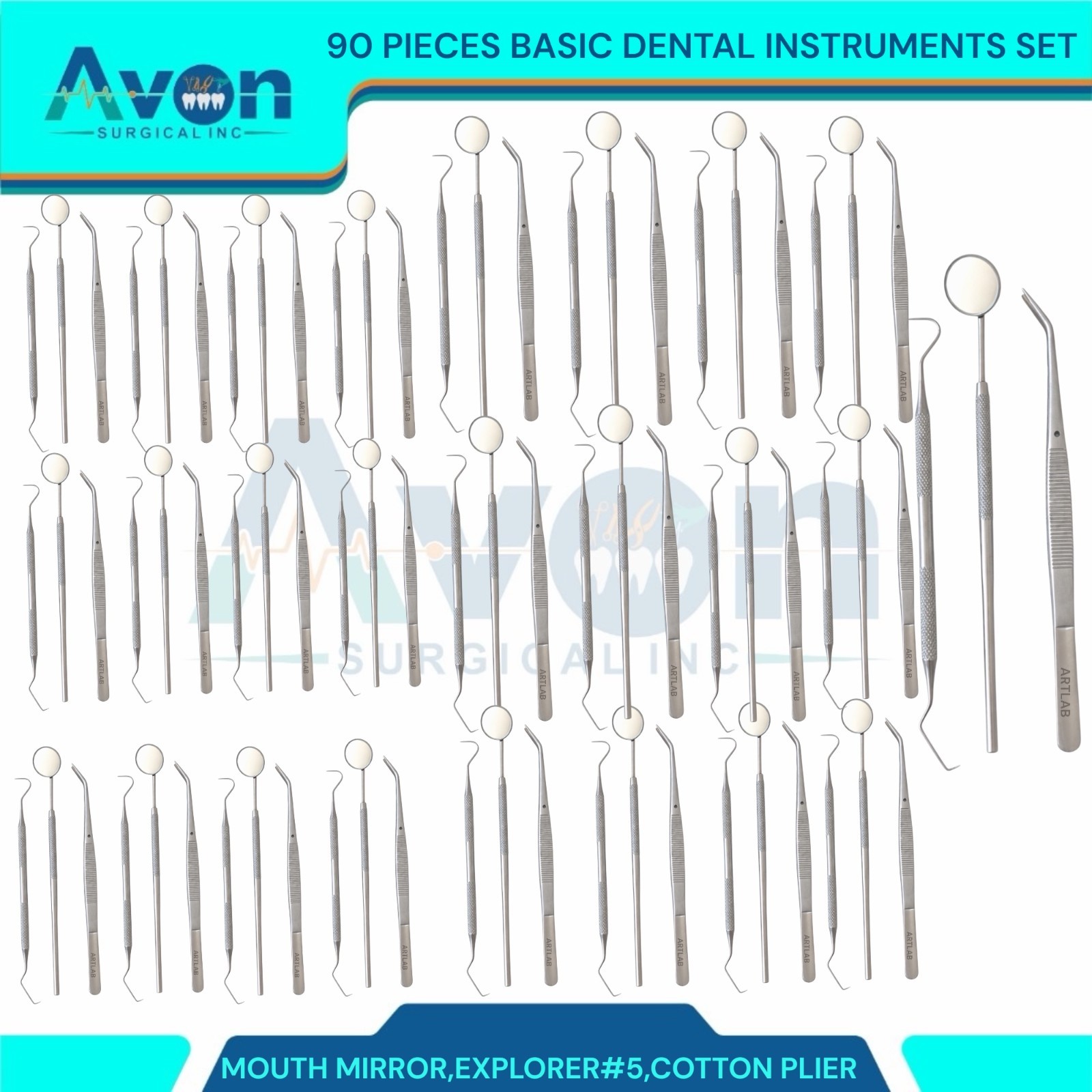 GERMAN 90 Instruments Basic Dental Set Mirror Explorer Probe Pliers (30 OF EACH)