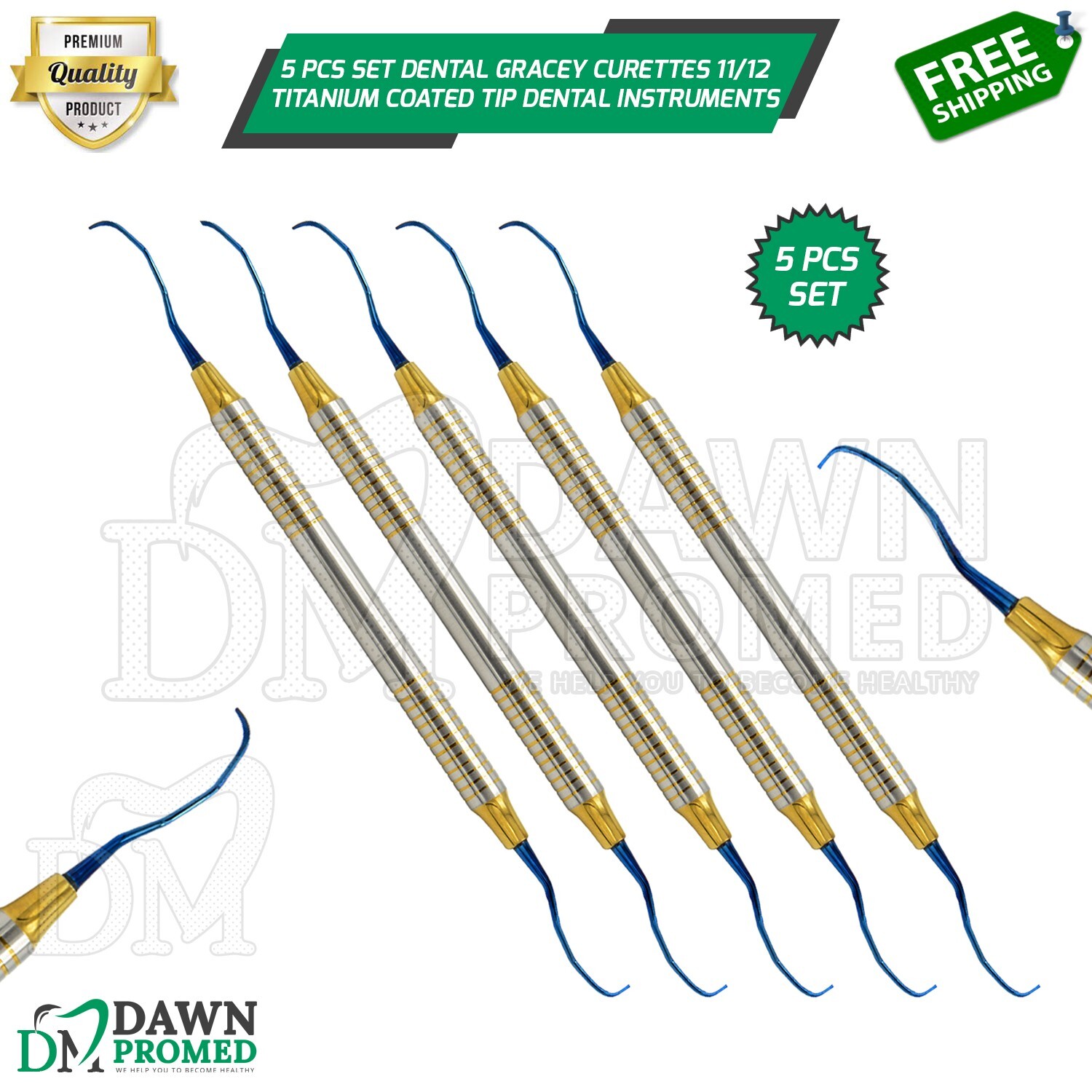 5 Pcs Set Dental Gracey Curettes 11/12 Titanium Coated Tip Dental Inst German Gr