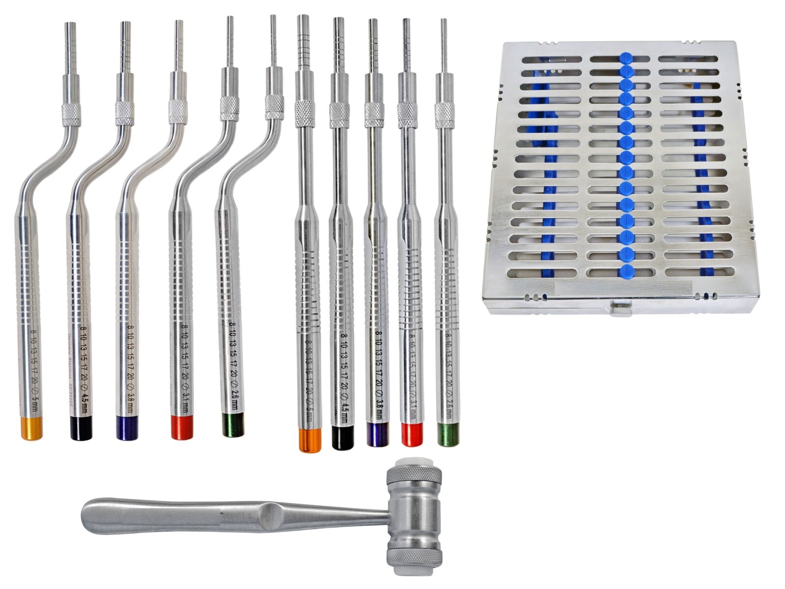 Sinus Lift Osteotomes Straight Curved 10 PCs With Hammer & Cassette Dental Kit