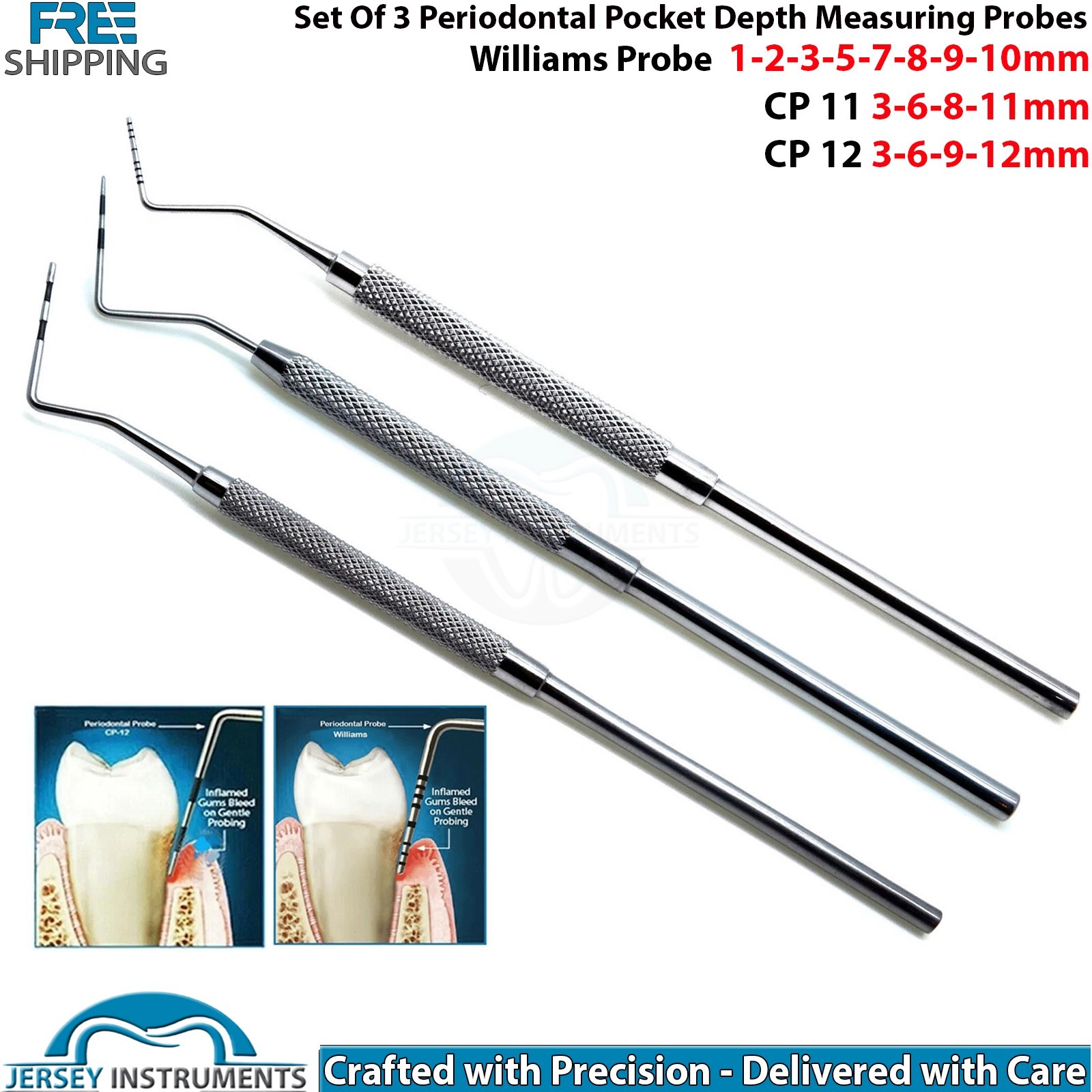 Set of 3 Periodontal Probes CP11 CP12 Williams Dental Depth Measuring Instrument