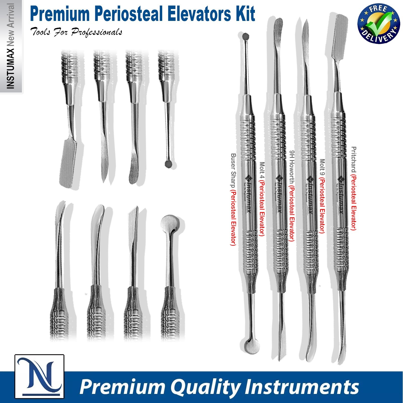 Dental Periosteal Implant Elevators Prichard Molt 9, Howard, Molt 4 Set of 4Pcs