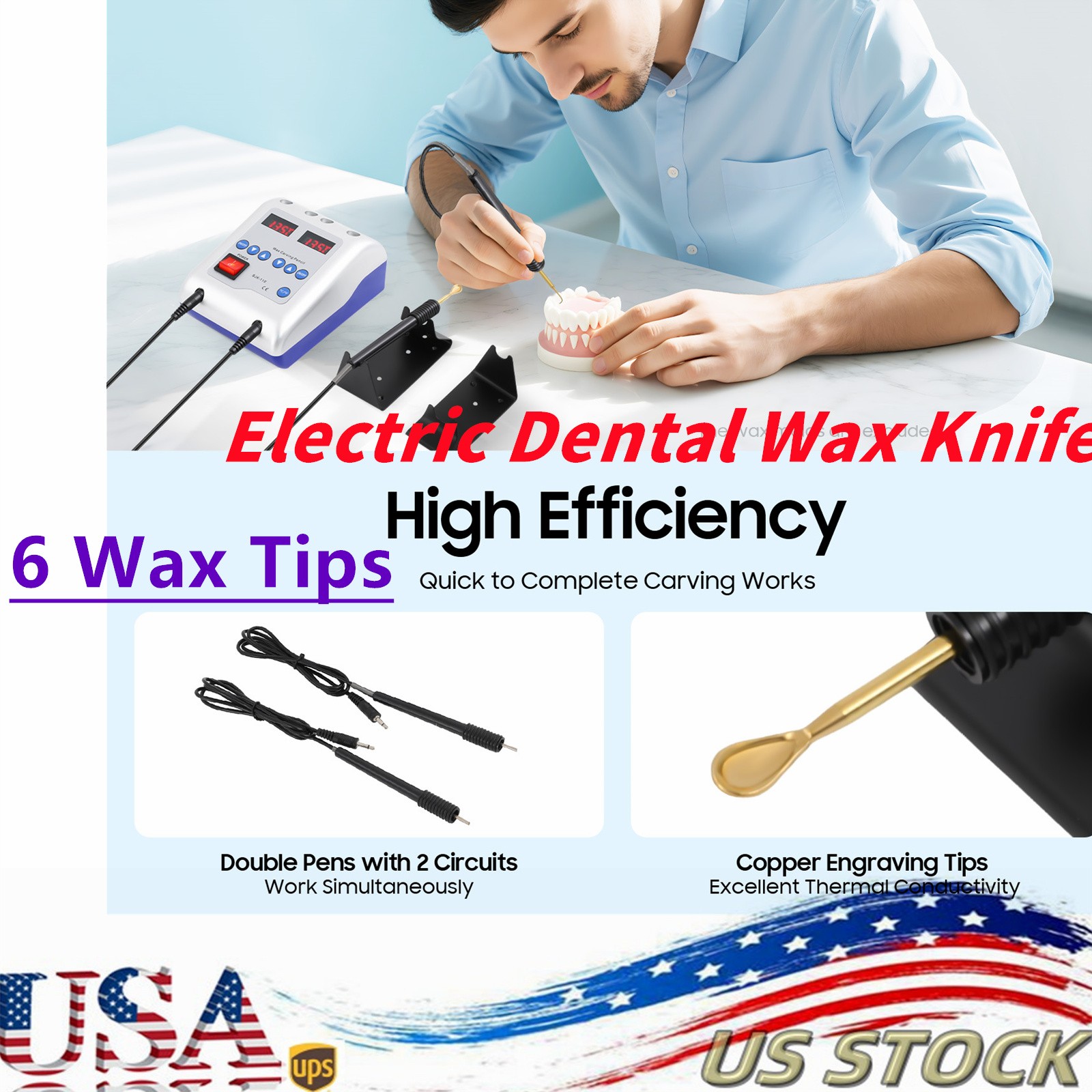 SJK Dental Lab Electric Wax Knife Waxer 2 Carving Pen Pencil Carver With 6 Tips