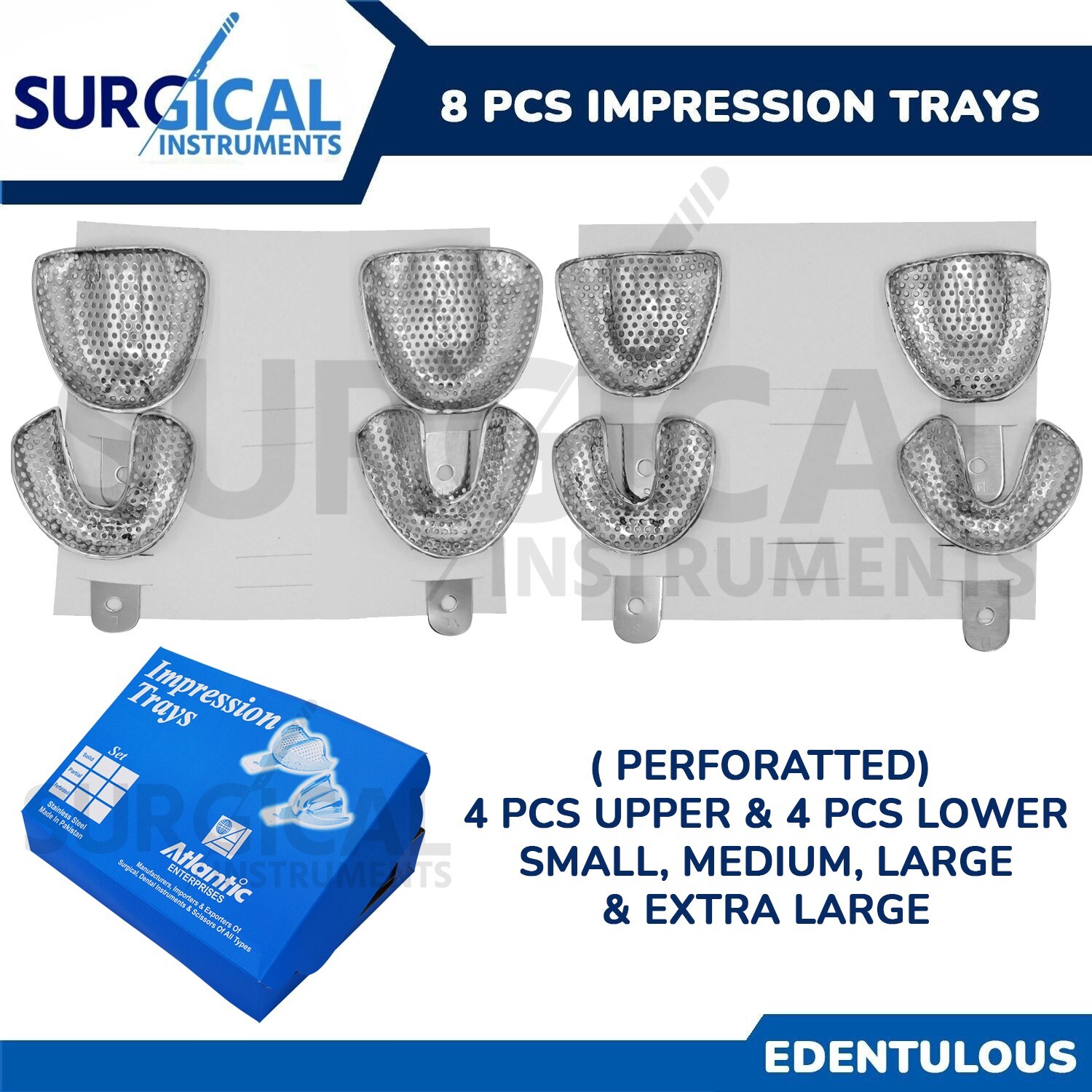 8 Pcs Metal Impression Trays Set Kit Perfo 4 Upper & 4 Lower Dental (Edentulous)