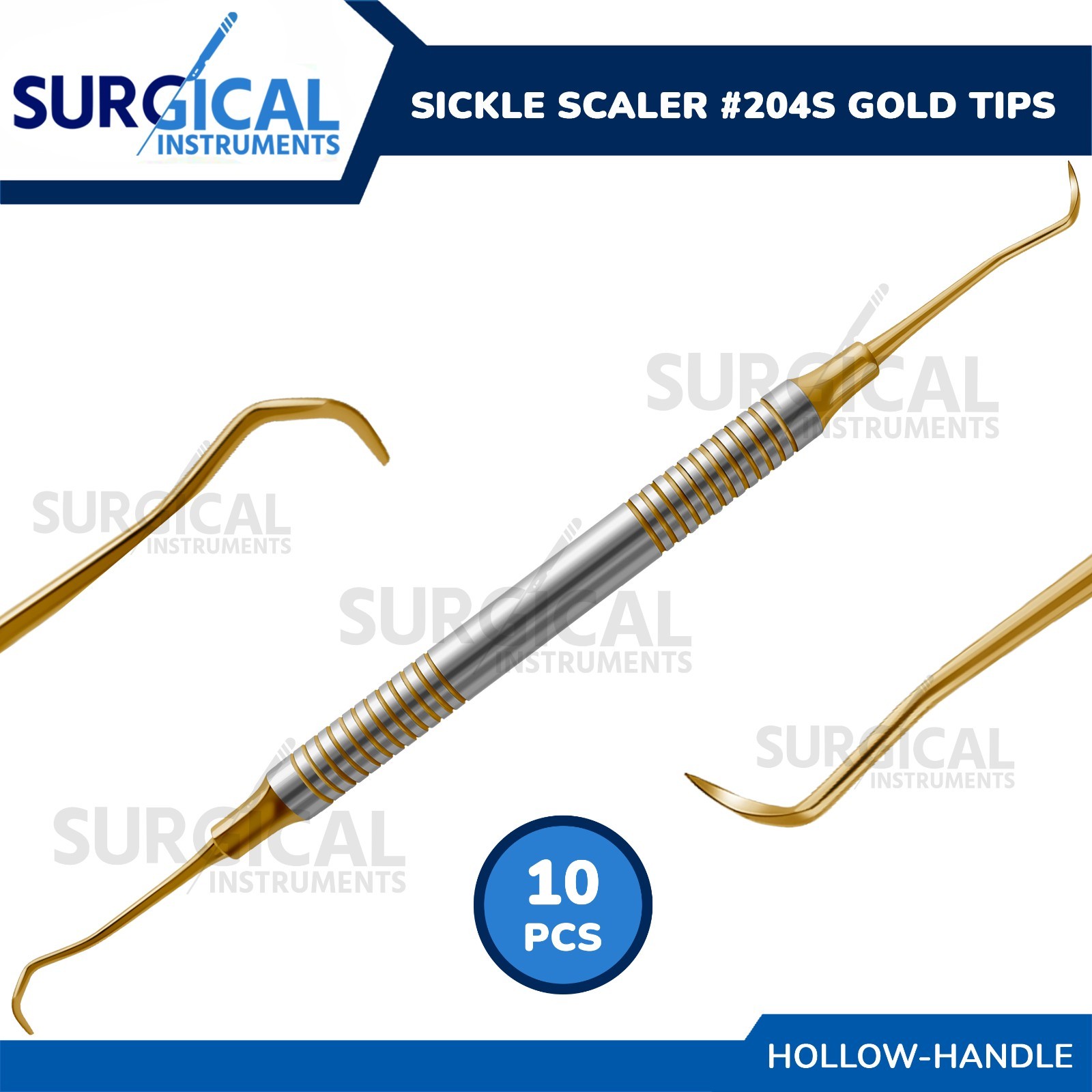 10 Pcs Sickle Scaler #204S Gold Tips Dental Instruments Hollow Handle German Gr