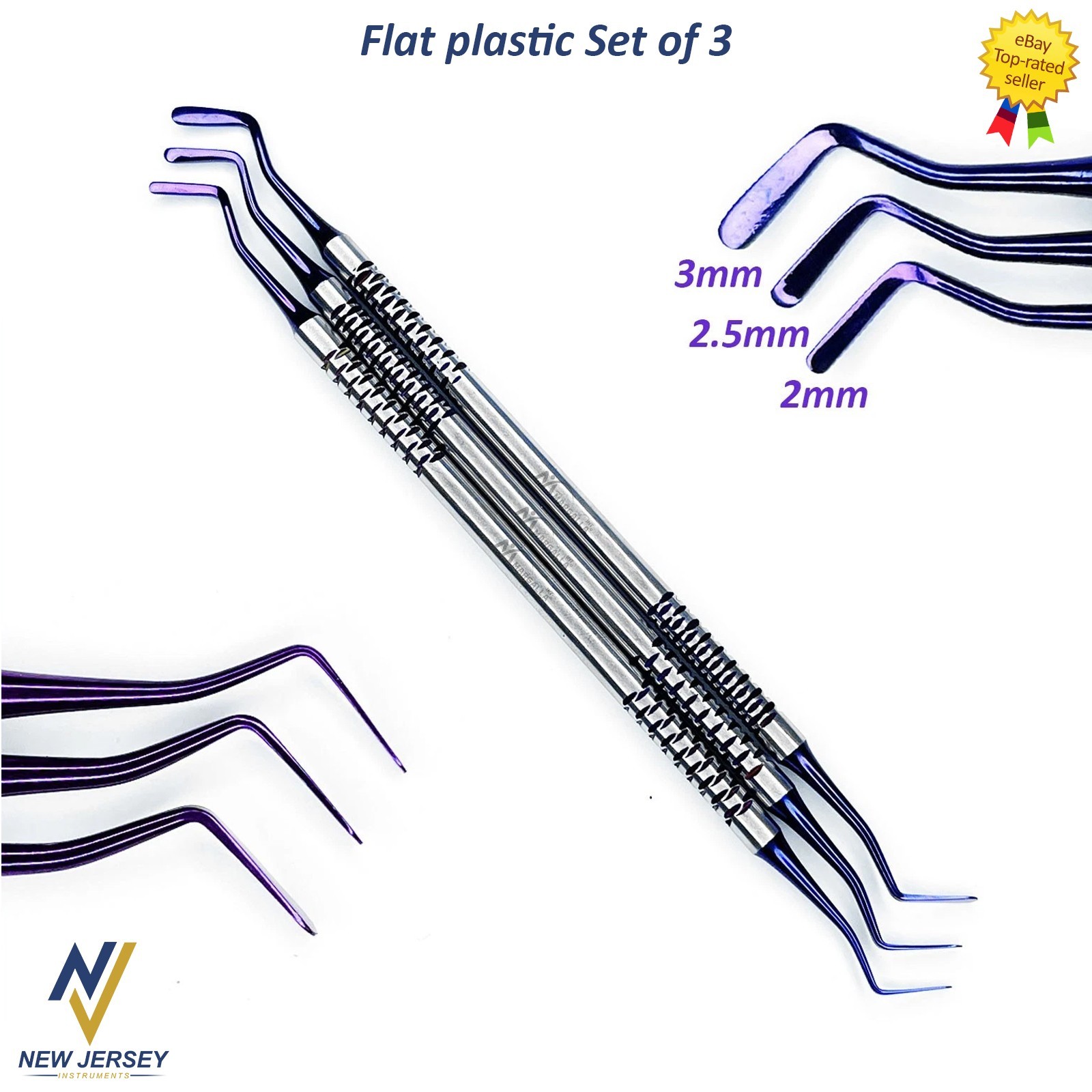 Dental Flat Plastic Set of 3 Composite Filling Instruments Purple 2mm-2.5mm-3mm