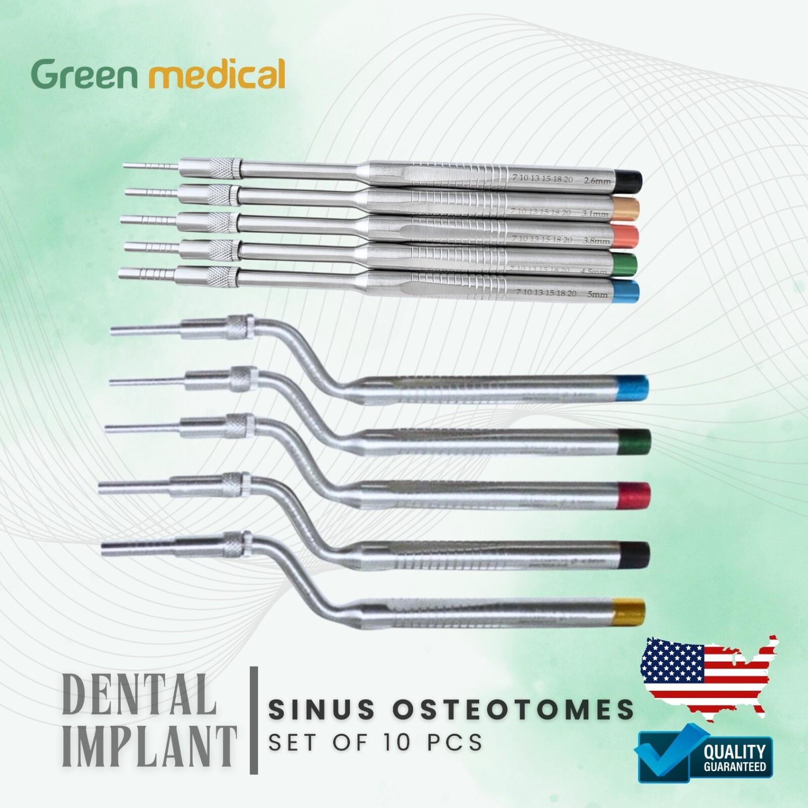 10 Pcs Sinus Lift Osteotomes Set Kit Dental Implant (Concave Tips) STR+CVD
