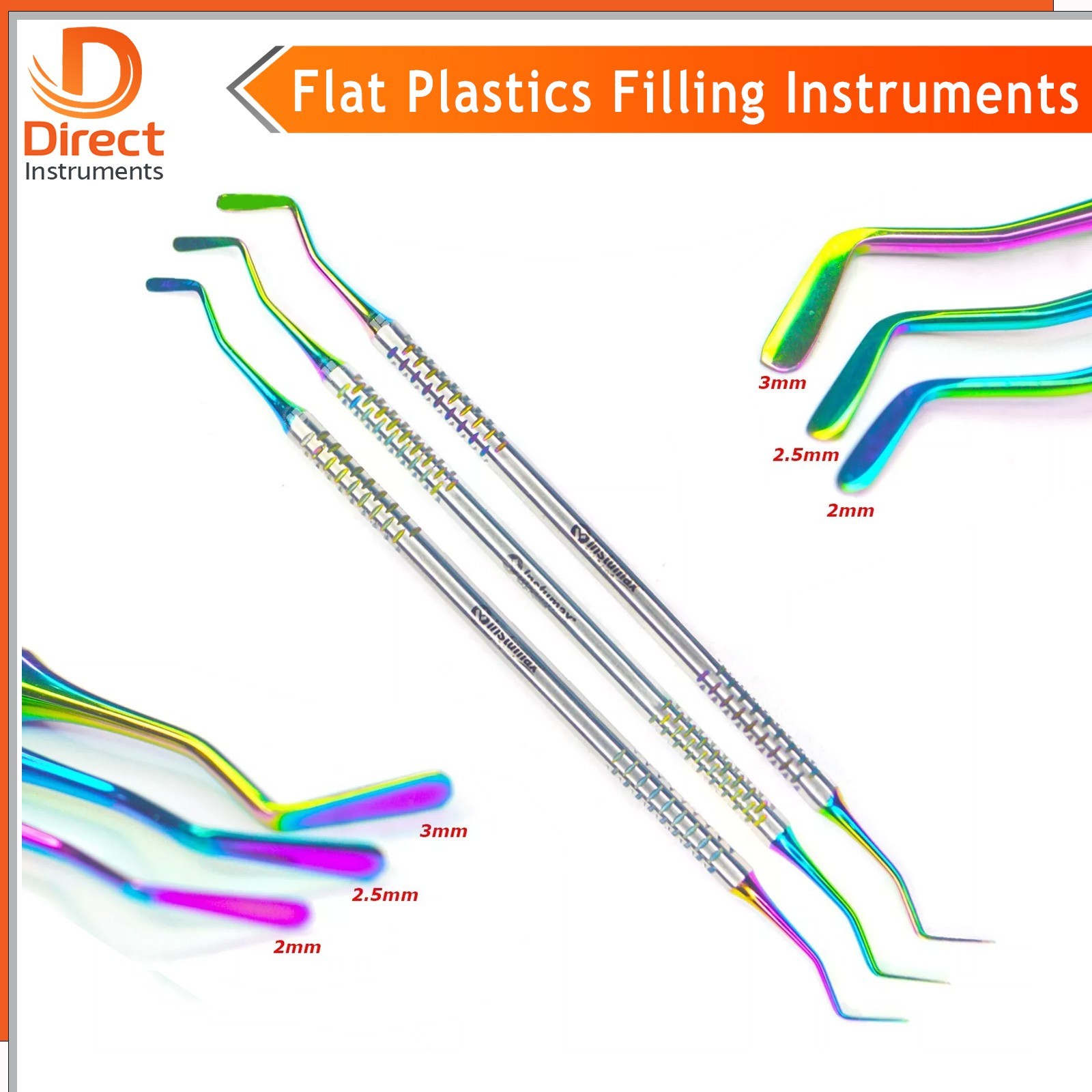 Set of 3 Dental Flat Plastic Composite Filling Instruments Titanium Coated Tips